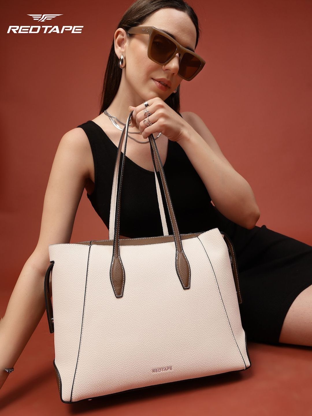 Red Tape Women Set of 2 White Coffee Brown Colorblocked Casual Formal Structured Tote Bag-picture-40