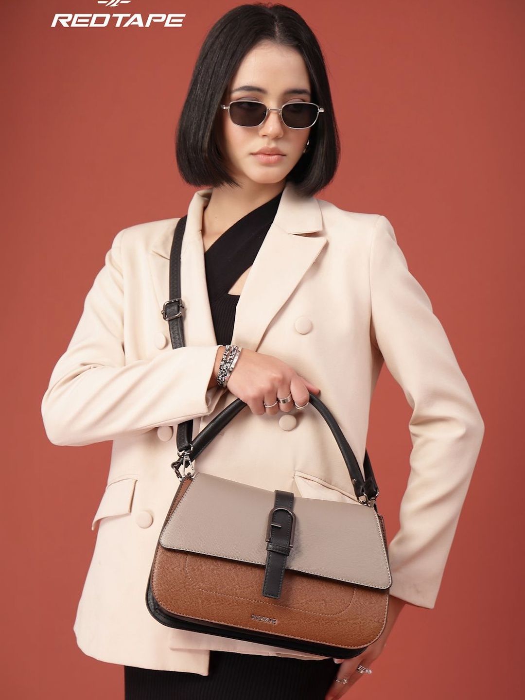 Red Tape Women Coffee Khaki Black Colorblocked Casual Handheld Bag-picture-15