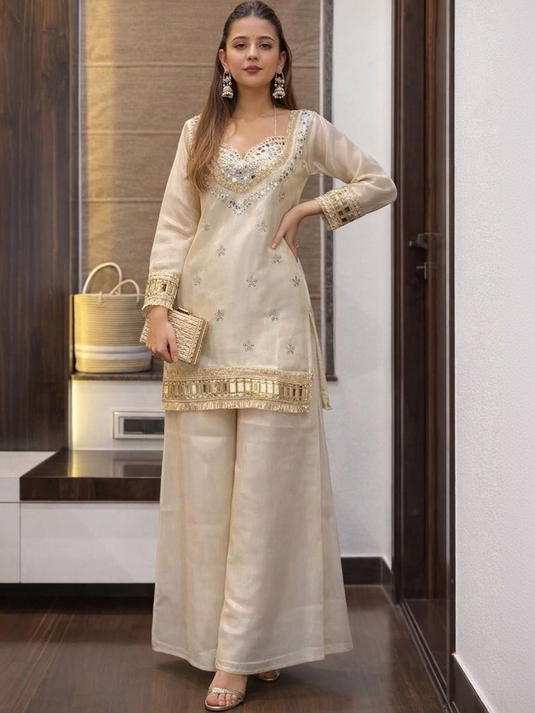 Social geek Women Ethnic Motifs Embroidered Regular Mirror Work Kurti with Palazzos