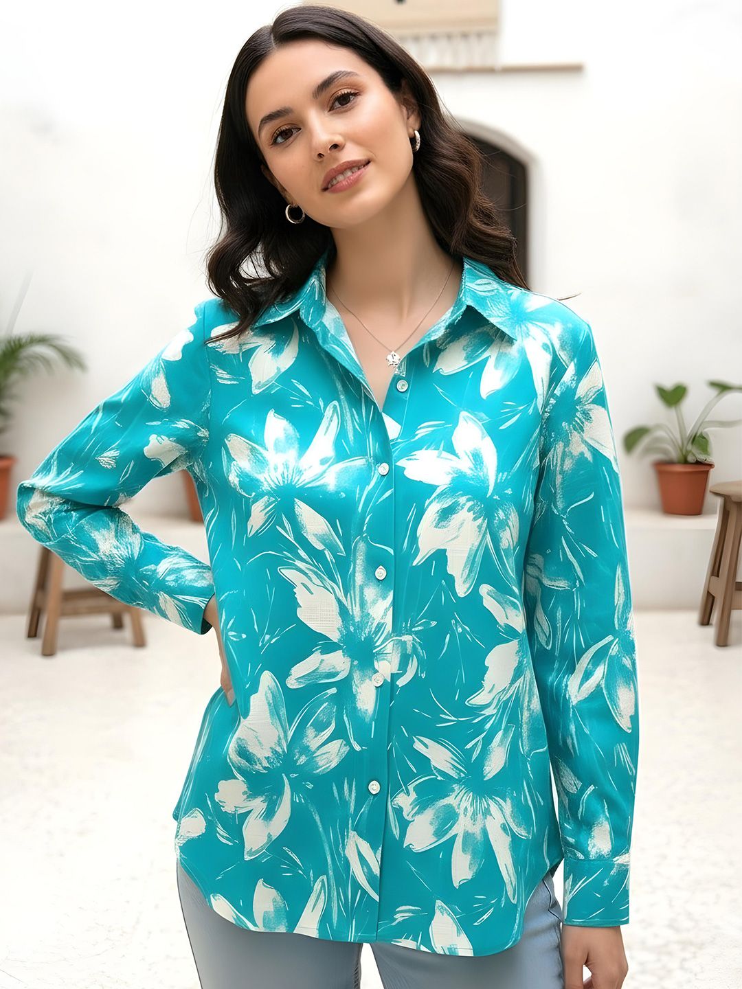 Anouk Floral Printed Shirt Collar Pure Cotton Blend Kurti-picture-24