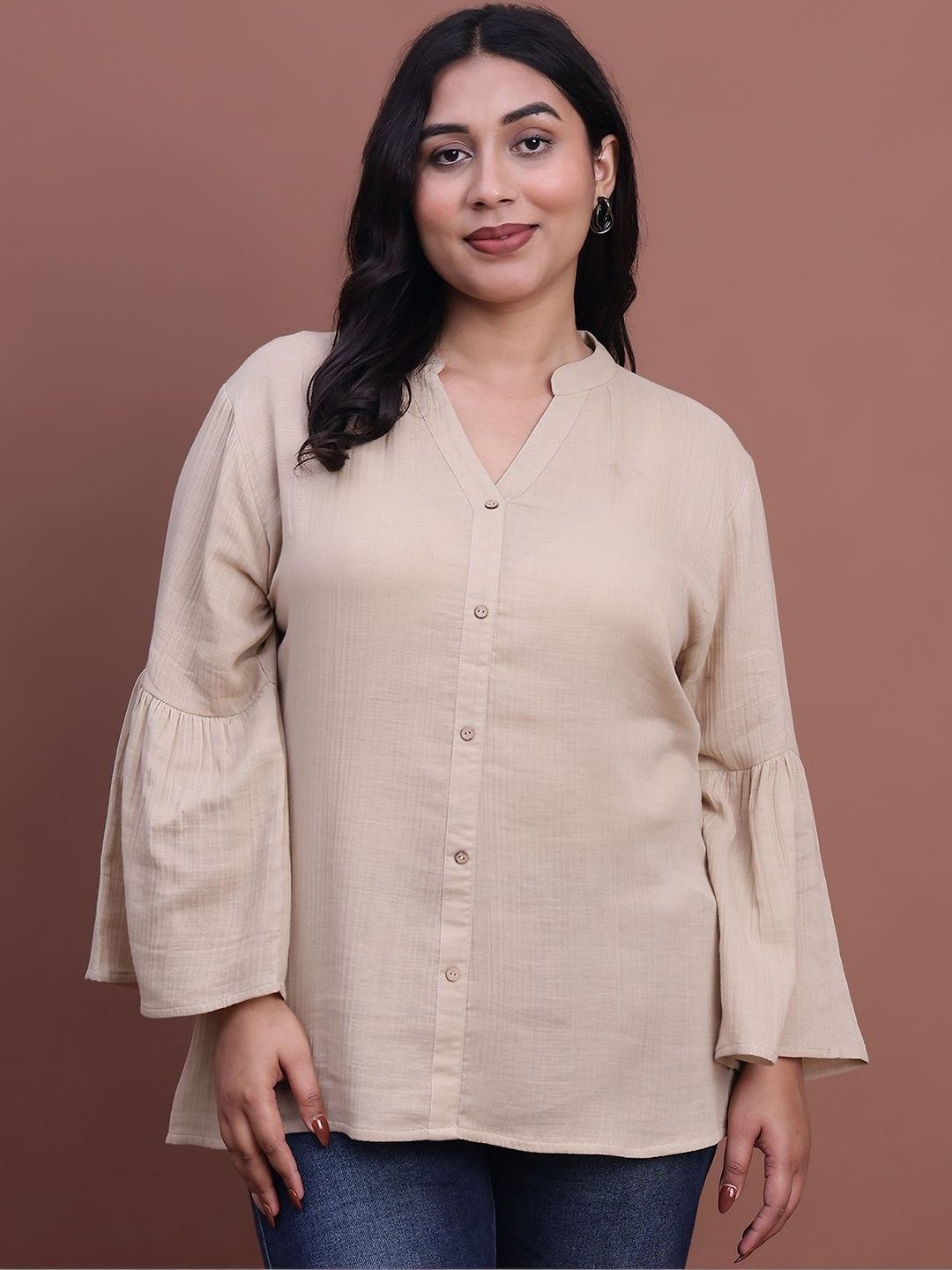 LAS By Ananya Mandarin Collar Bell Sleeve Cotton Top-picture-47