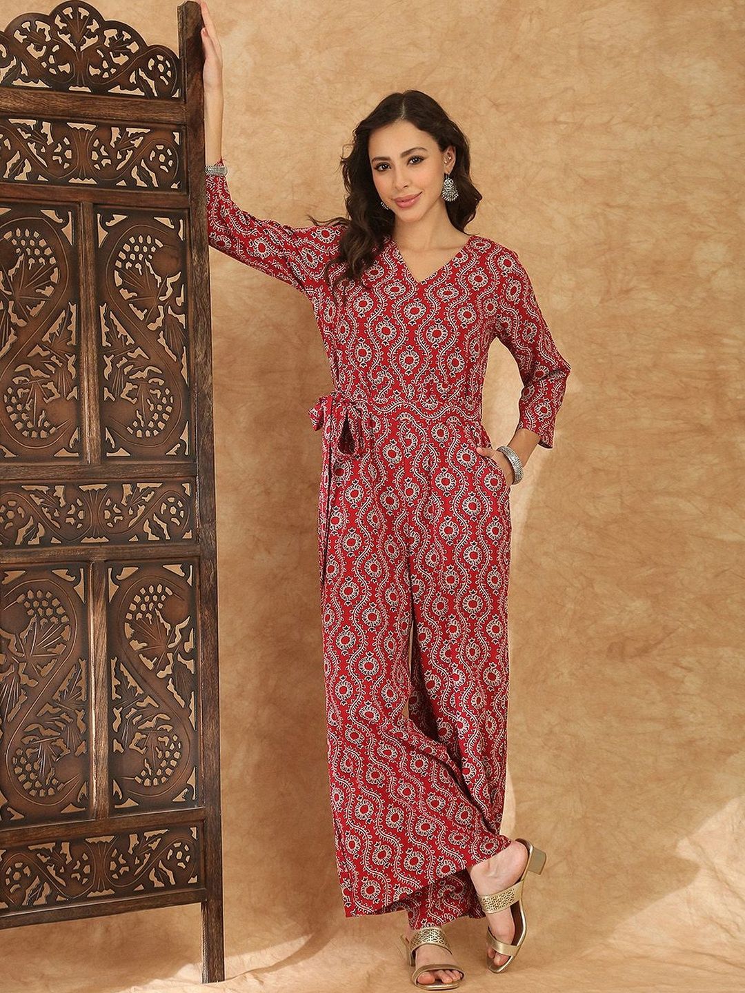 Globus Maroon V-neck Allover Ethnic Print Wide Leg Belted Jumpsuit-picture-29