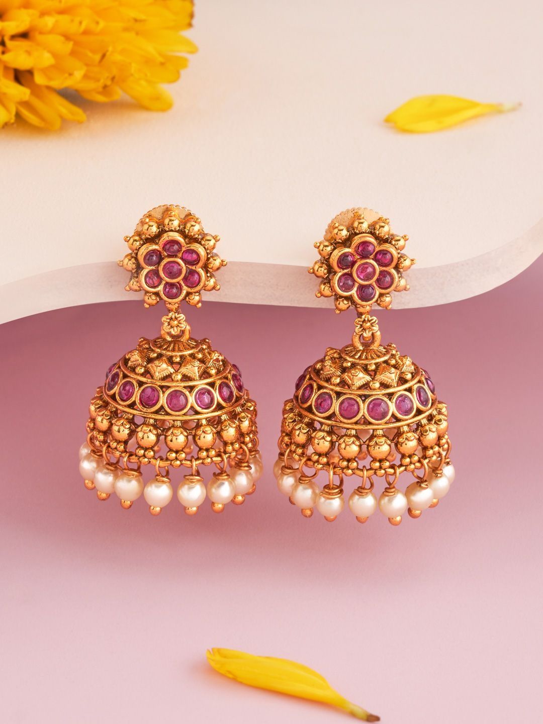 Kushal's Fashion Jewellery Gold-Plated Ruby Dome Shaped Jhumkas Earrings-picture-14