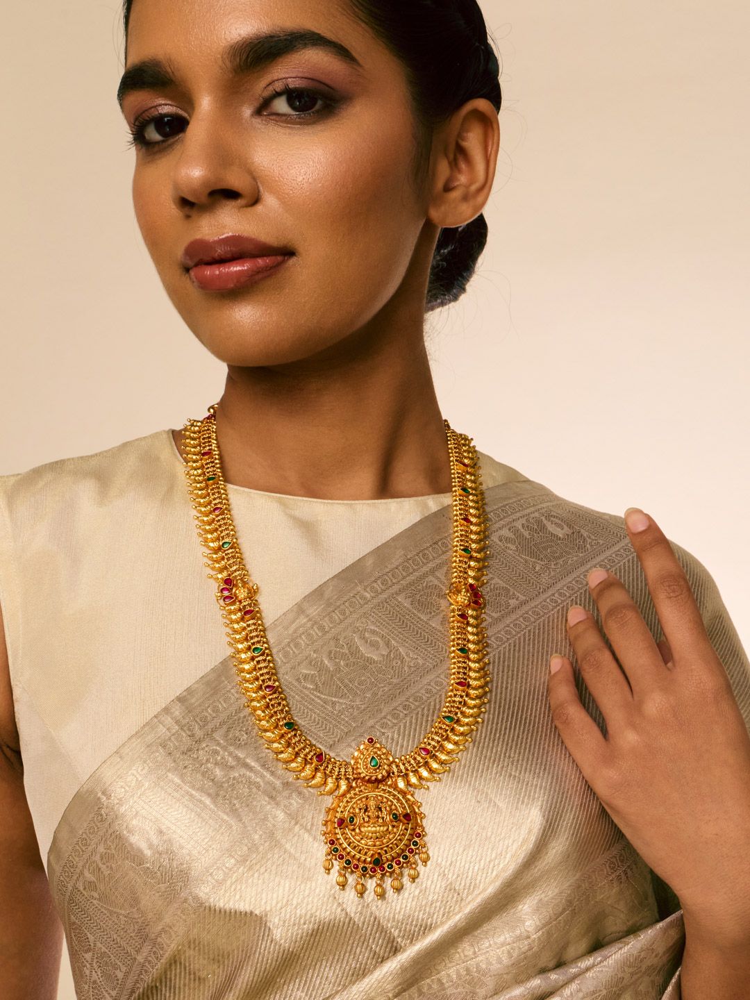Kushal's Fashion Jewellery Ruby-Green Gold-Plated Ethnic 92.5 Silver Temple Necklace-picture-16