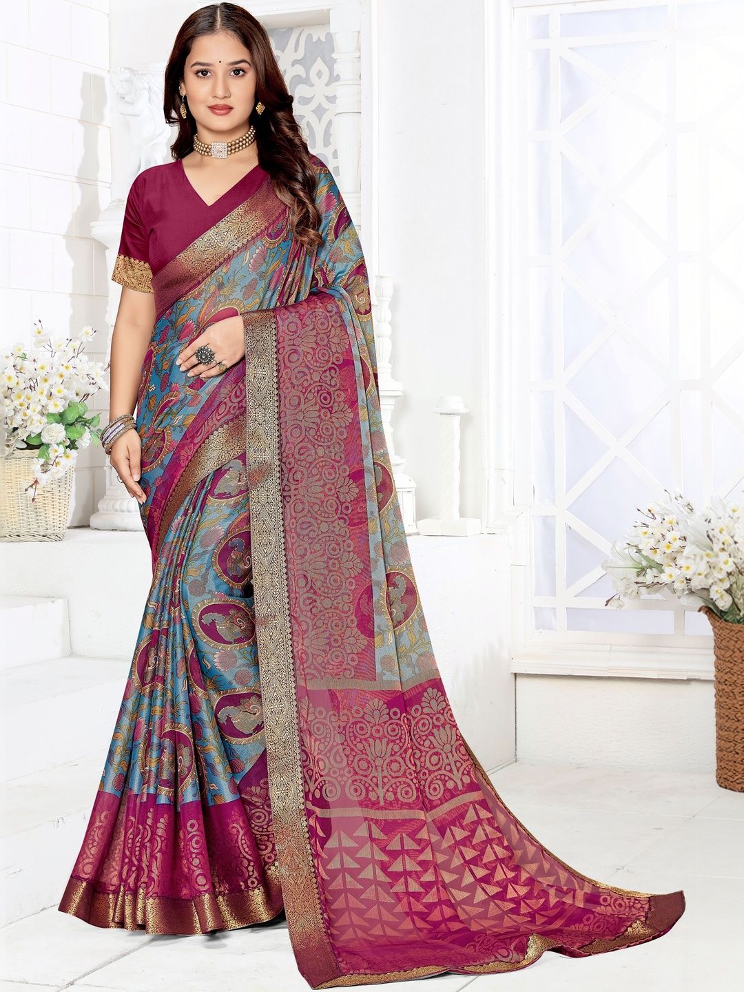 Sangria Printed Saree with Zari Border & Unstitched Blouse-image-41
