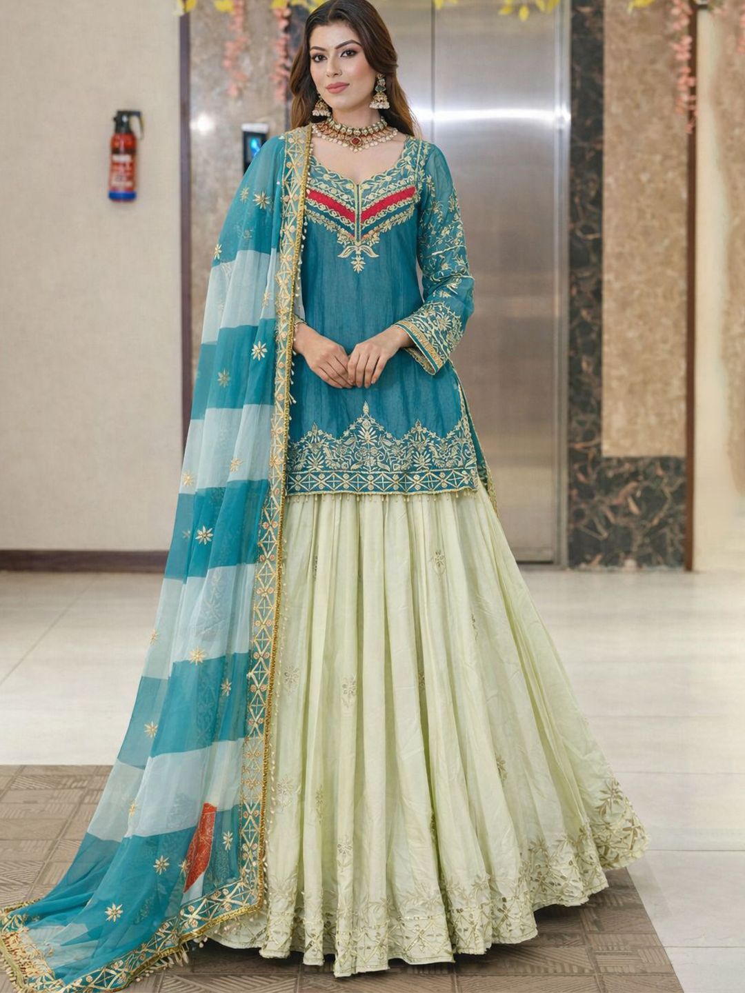 LEGEND WEAR Women Ethnic Motifs Embroidered Regular Gotta Patti Kurta with Skirt & With Dupatta