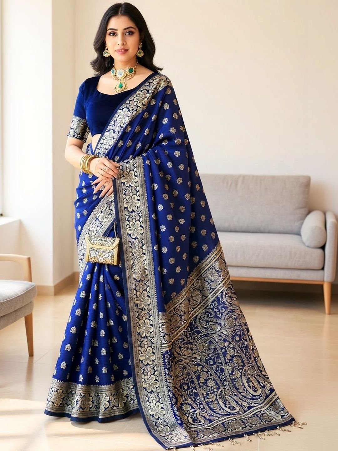 SZN Ethnic Motifs Zari Silk Blend Heavy Work Banarasi Saree-picture-10