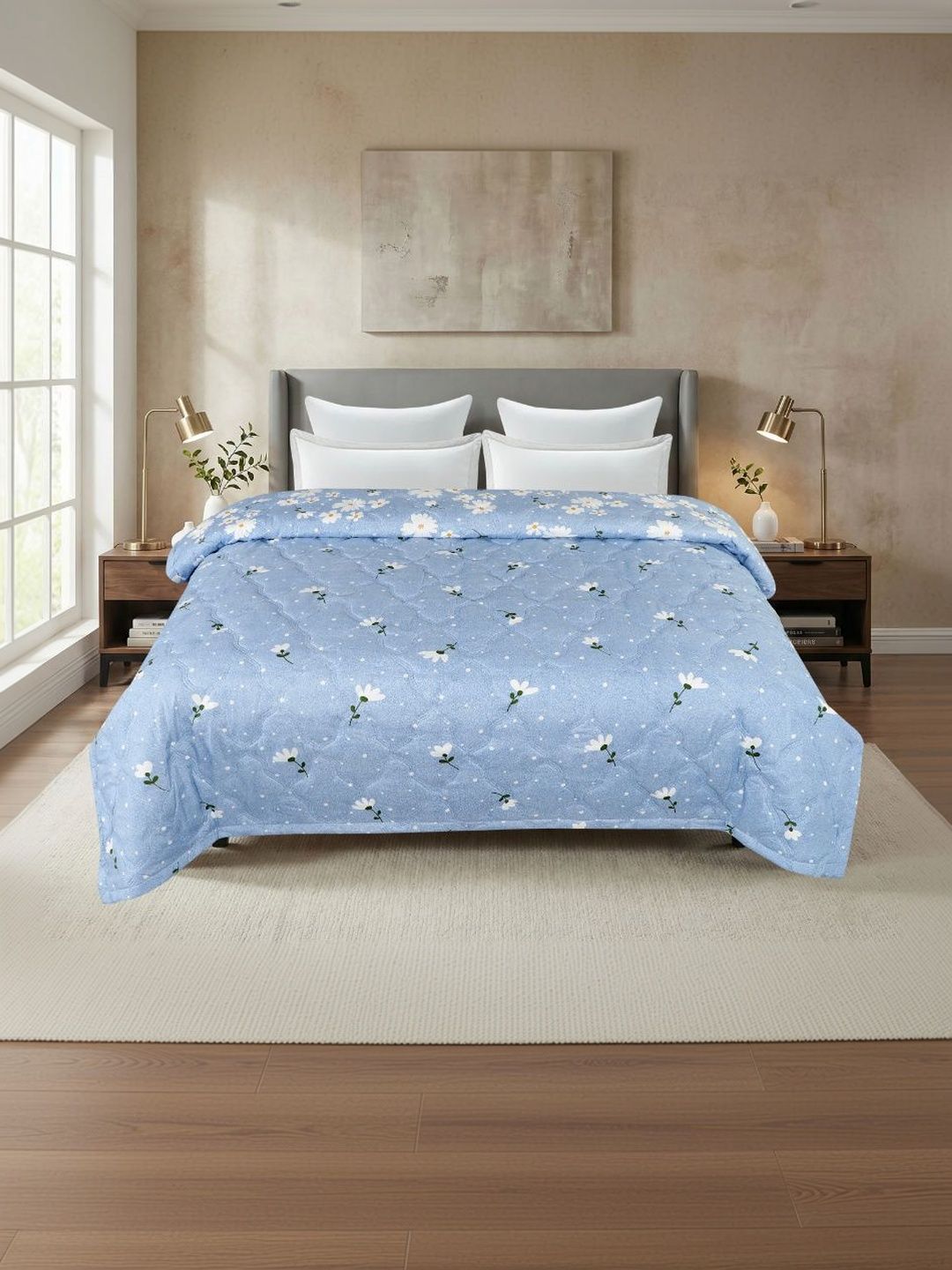 A Homes Grace Blue & Blue Floral Microfiber AC Room 120 GSM Comforter-image-33