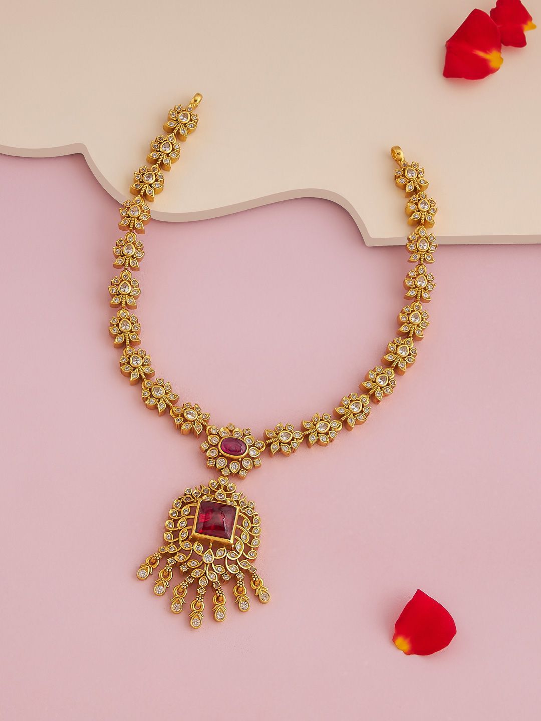 Kushal's Fashion Jewellery Women Ruby Gold-Plated Ethnic 92.5 Pure Silver Temple Necklace