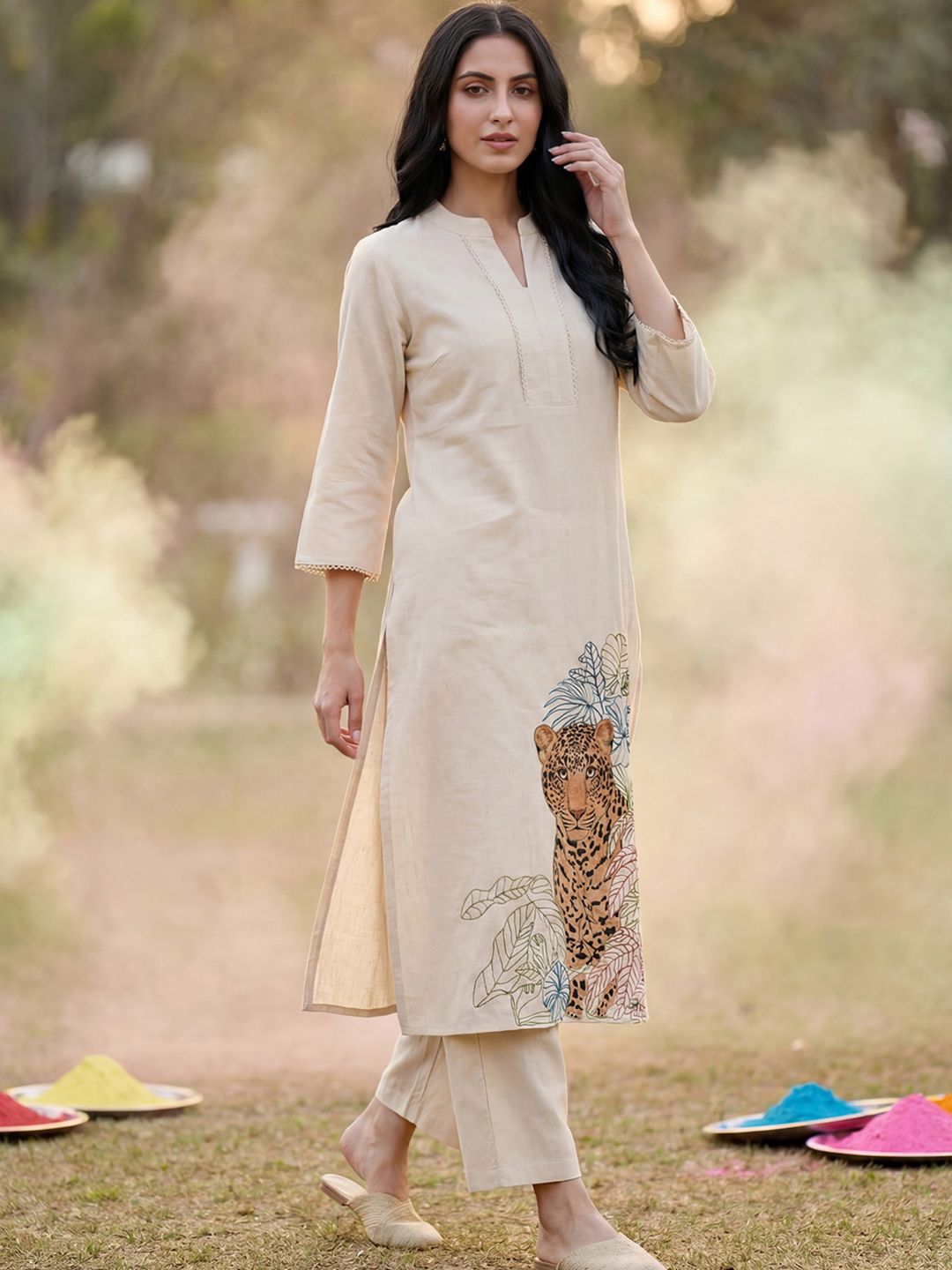 Indo Era Women Animal Embroidered Regular Thread Work Pure Cotton Kurta with Trousers-picture-37