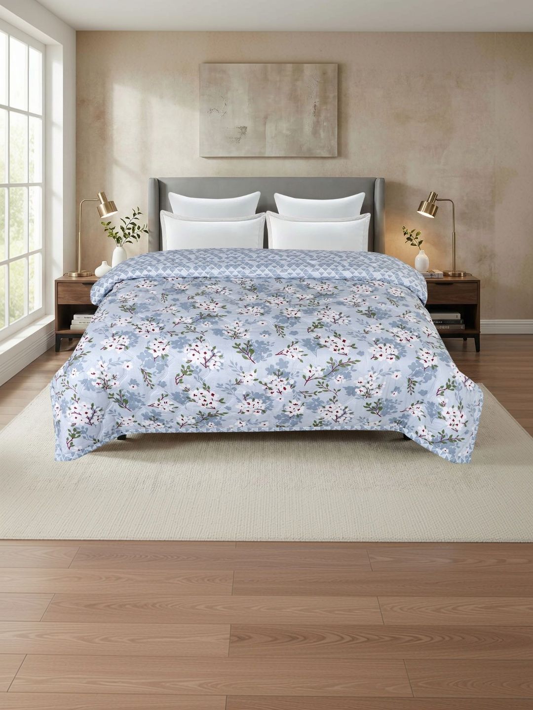 A Homes Grace Turquoise Blue & Blue Floral Microfiber AC Room 120 GSM Comforter-image-24