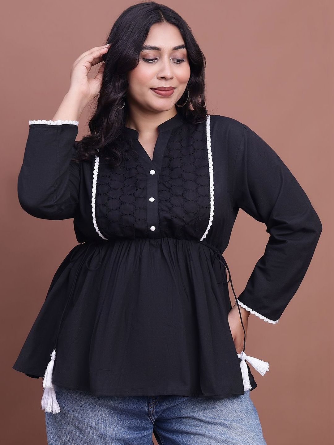 LAS By Ananya Plus Size Mandarin Collar Cotton Top-picture-29
