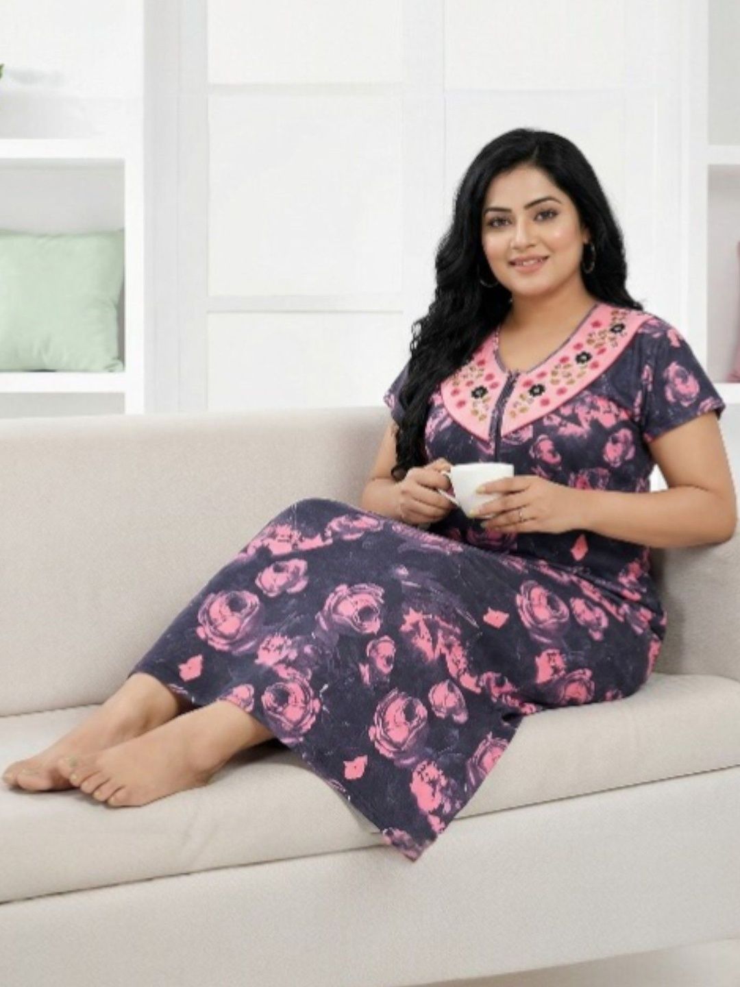 SENSLIFE Hosiery Cotton Mix Printed Long Nighty Nightdress-picture-22