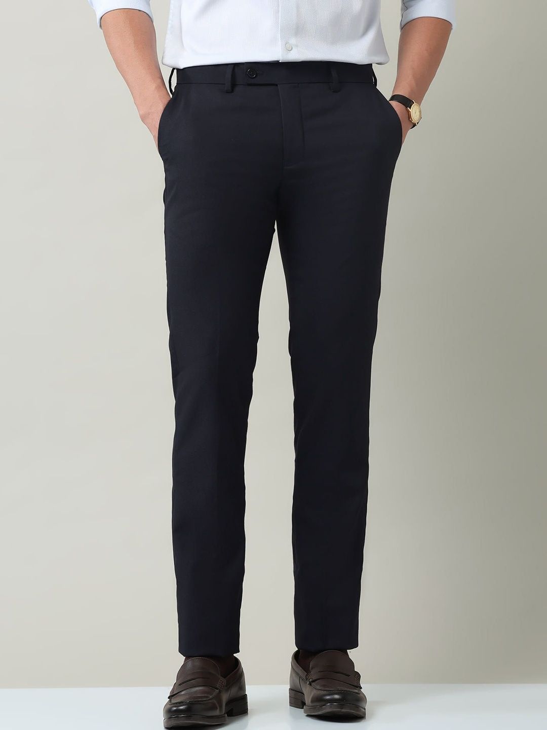 AD By Arvind Solid Regular Fit Dobby Trousers-picture-11