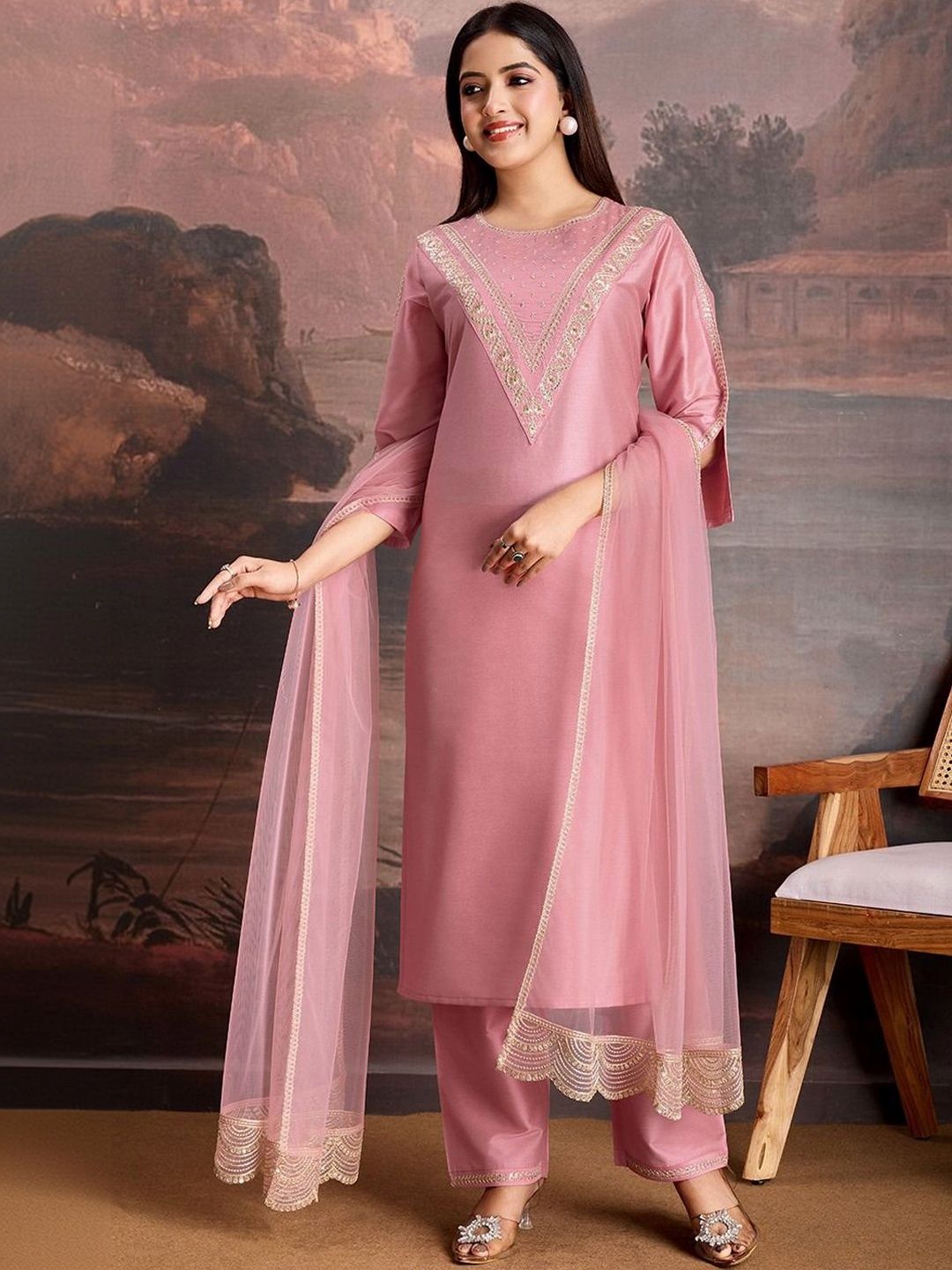 Moda Rapido Women Ethnic Motifs Embroidered Regular Sequinned Kurta with Trousers & With Dupatta-picture-27