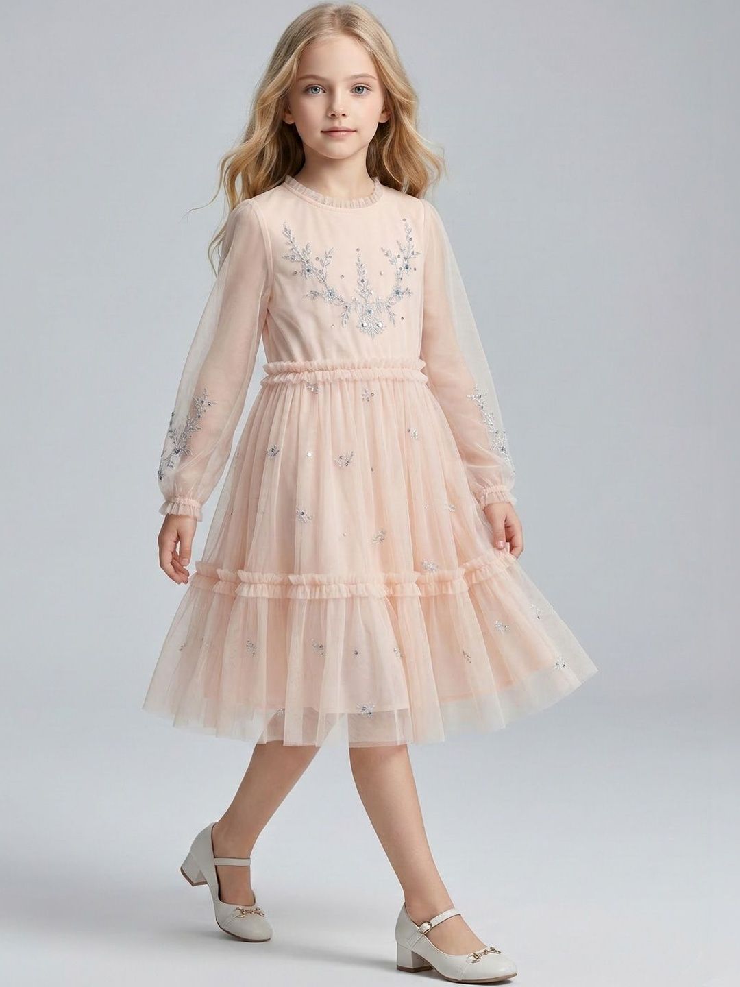 Creative Kids Embroidered Net Fit & Flare Midi Dress-image-38
