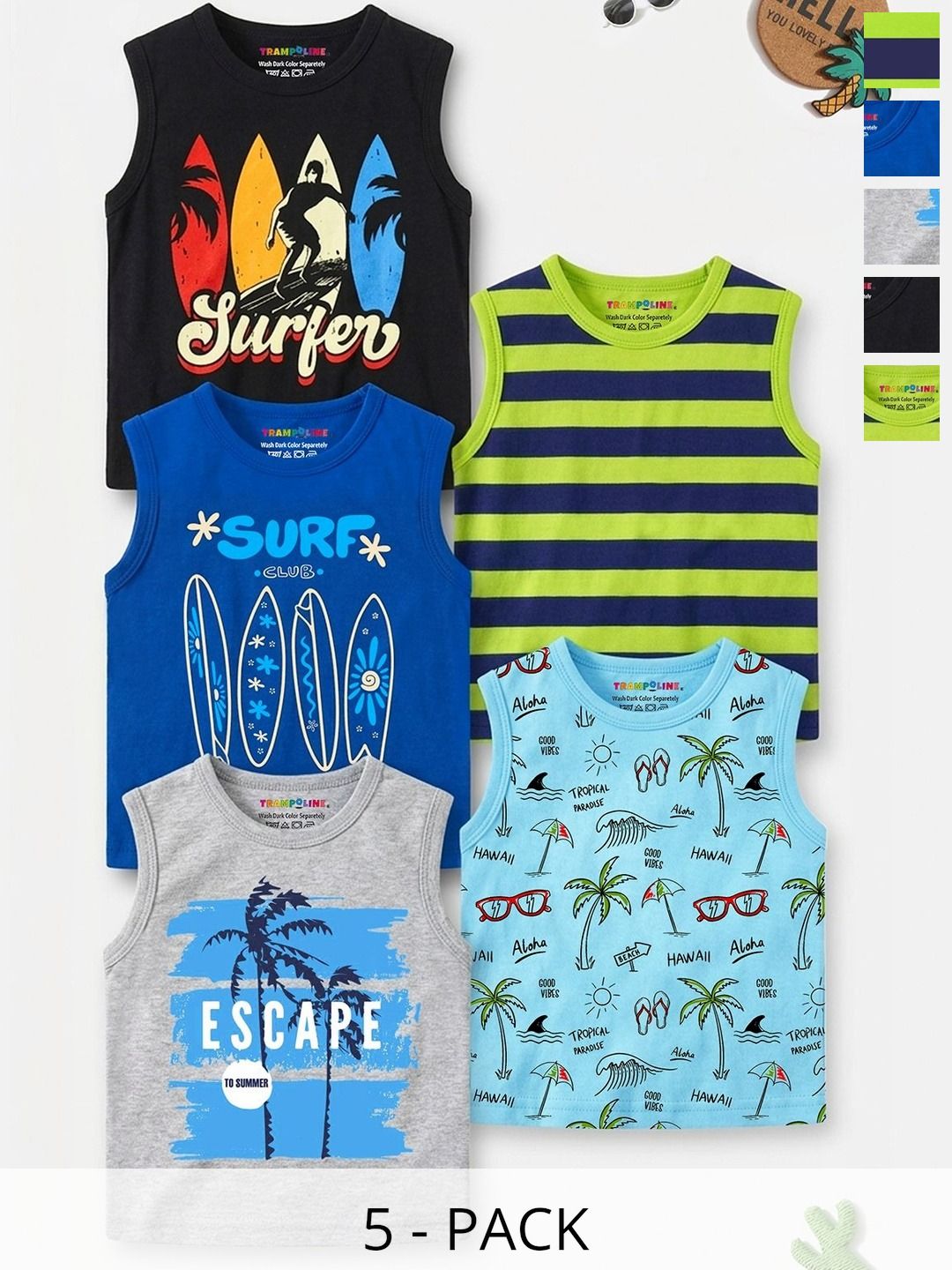 YK X Trampoline Boys Pack Of 5 Sleeveless Printed All Over Printed Tshirts-picture-20