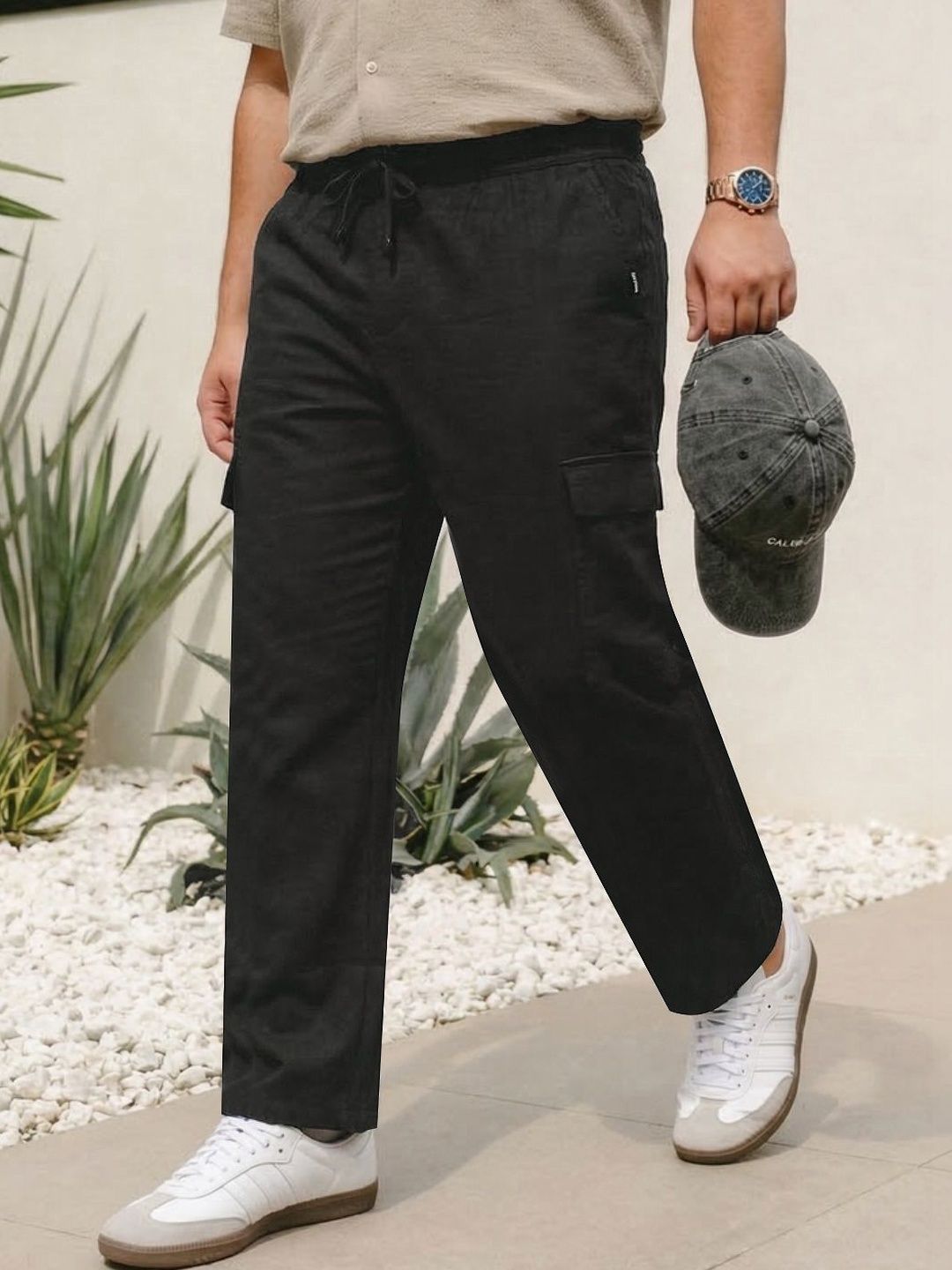 Urbano Plus Men's Black Straight Fit Linen Cargo Pants 6 Pockets Trousers-picture-51