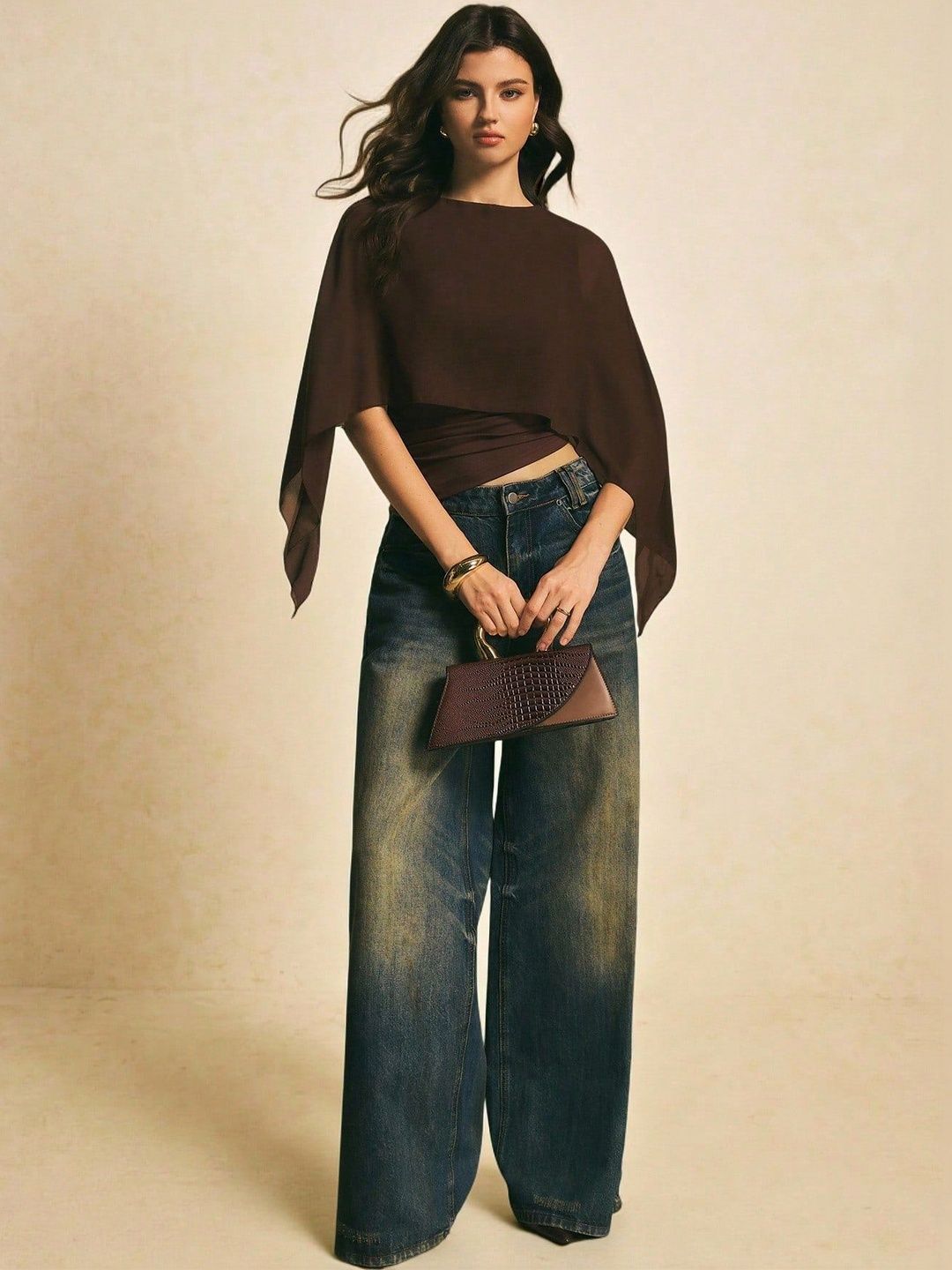 Brown Boat Neck Flutter Sleeve Crop Top view 3