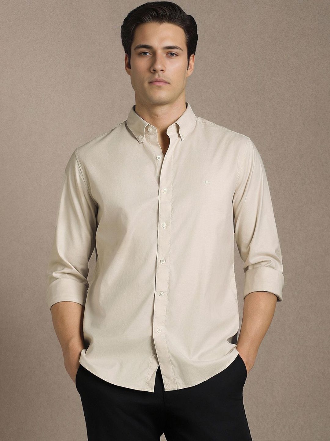 Luxure by Louis Philippe Men Beige Solid Full Sleeves Formal Shirts-picture-27