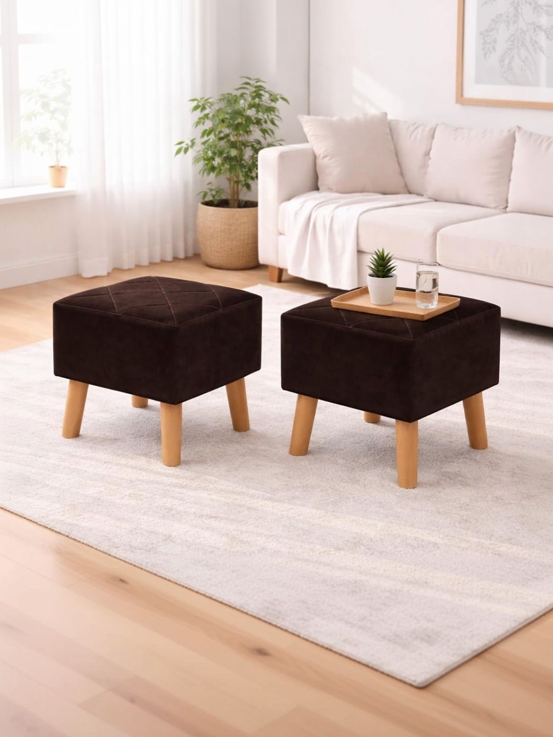 Shadowkart 2-Pcs Coffee Brown Square Ottomans-picture-13