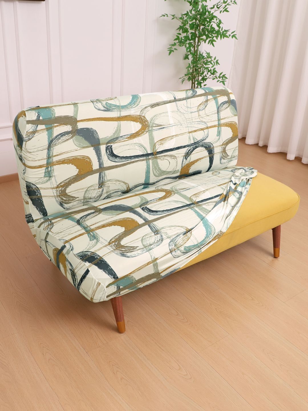 HOKIPO Beige Printed 1 Piece Sofa Cover Without Arms-picture-1