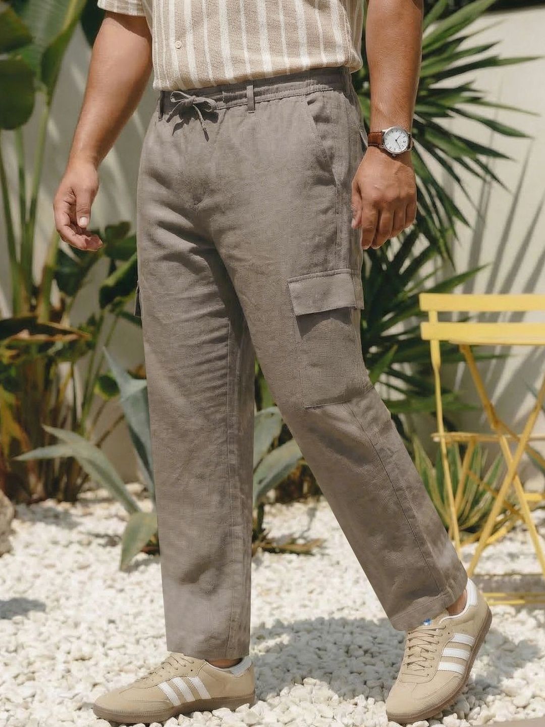 Urbano Plus Men's Light Khaki Straight Fit Linen Cargo Pants 6 Pockets Trousers-picture-16