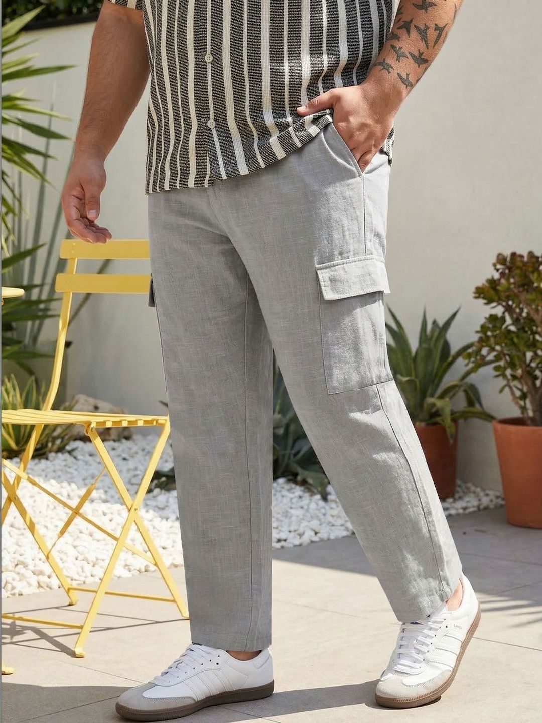 Urbano Plus Men's Light Grey Straight Fit Linen Cargo Pants 6 Pockets Trousers-picture-41