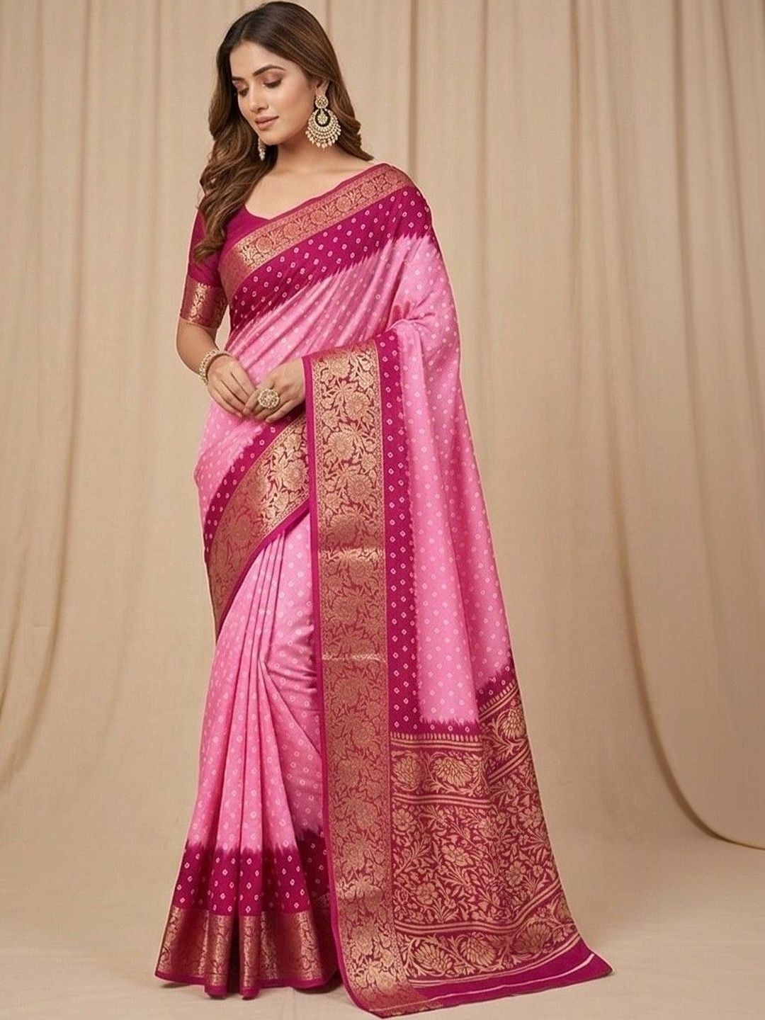 MAGNEITTA Bandhani Dola Silk Zari Border Light Pink Sarees-picture-55