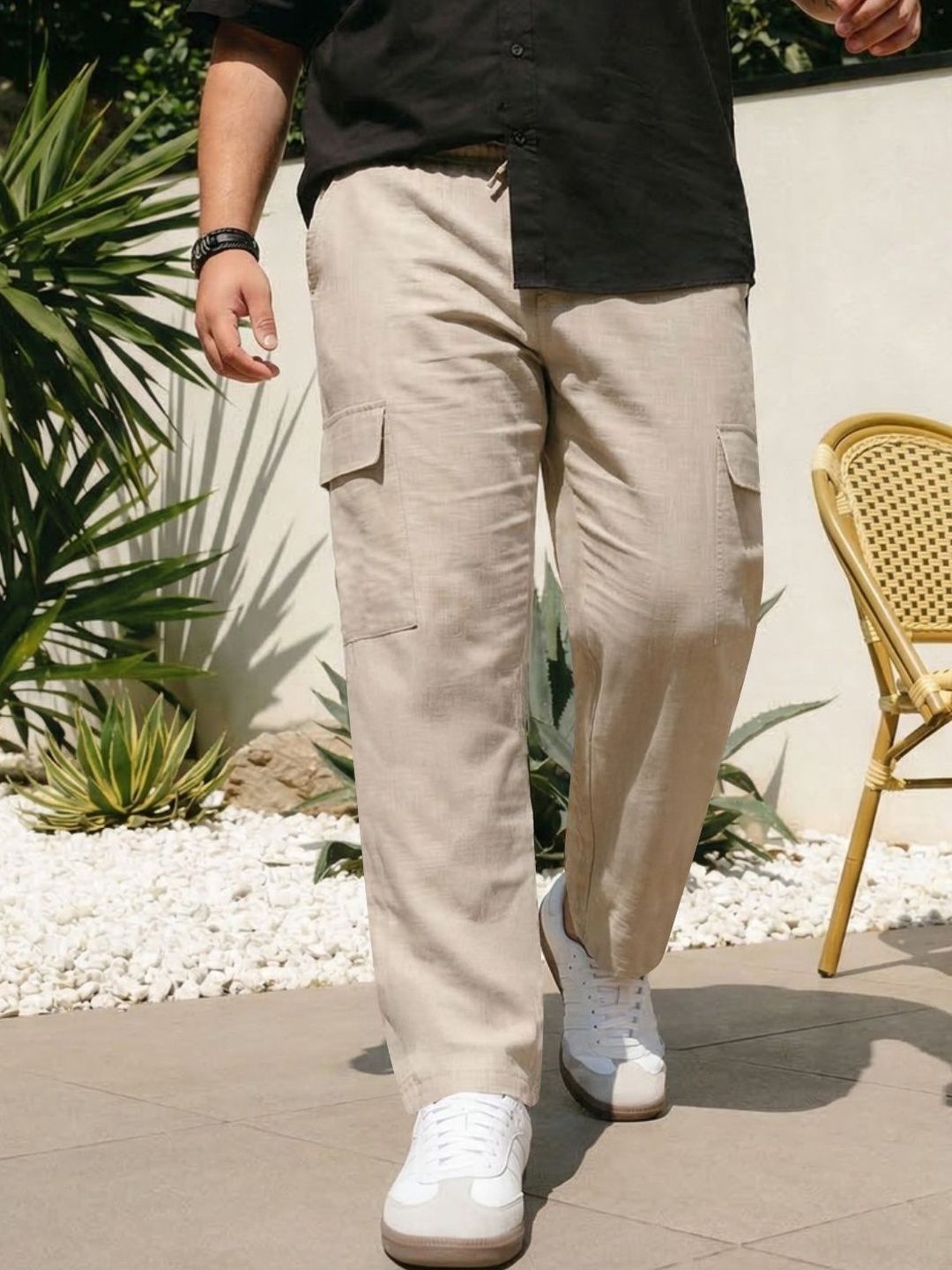 Urbano Plus Men's Beige Straight Fit Linen Cargo Pants 6 Pockets Trousers-picture-31