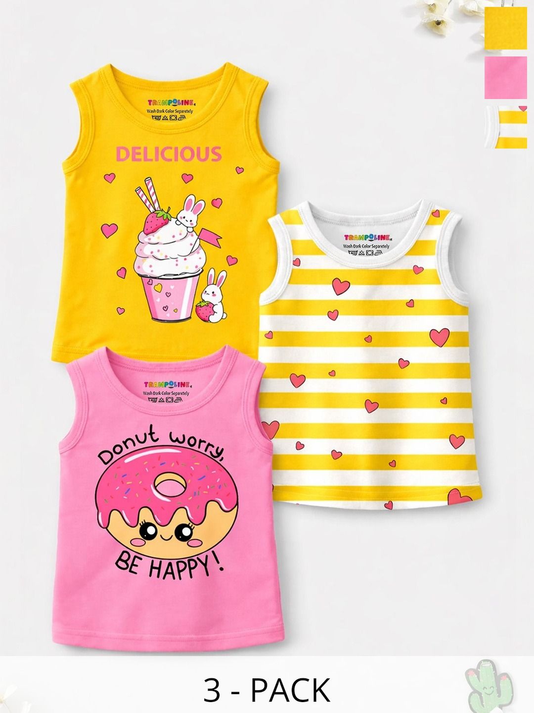 YK X Trampoline Girls Pack Of 3 Sleeveless Cute Graphic Printed Tshirts-picture-22