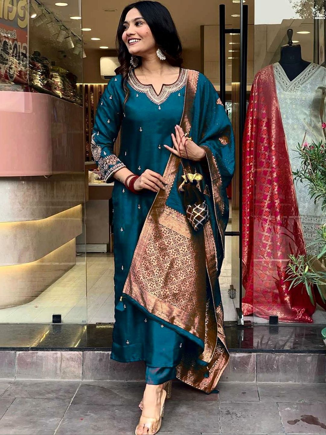 Moda Rapido Women Ethnic Motifs Embroidered Regular Sequinned Pure Cotton Kurta with Trousers & With Dupatta-picture-58