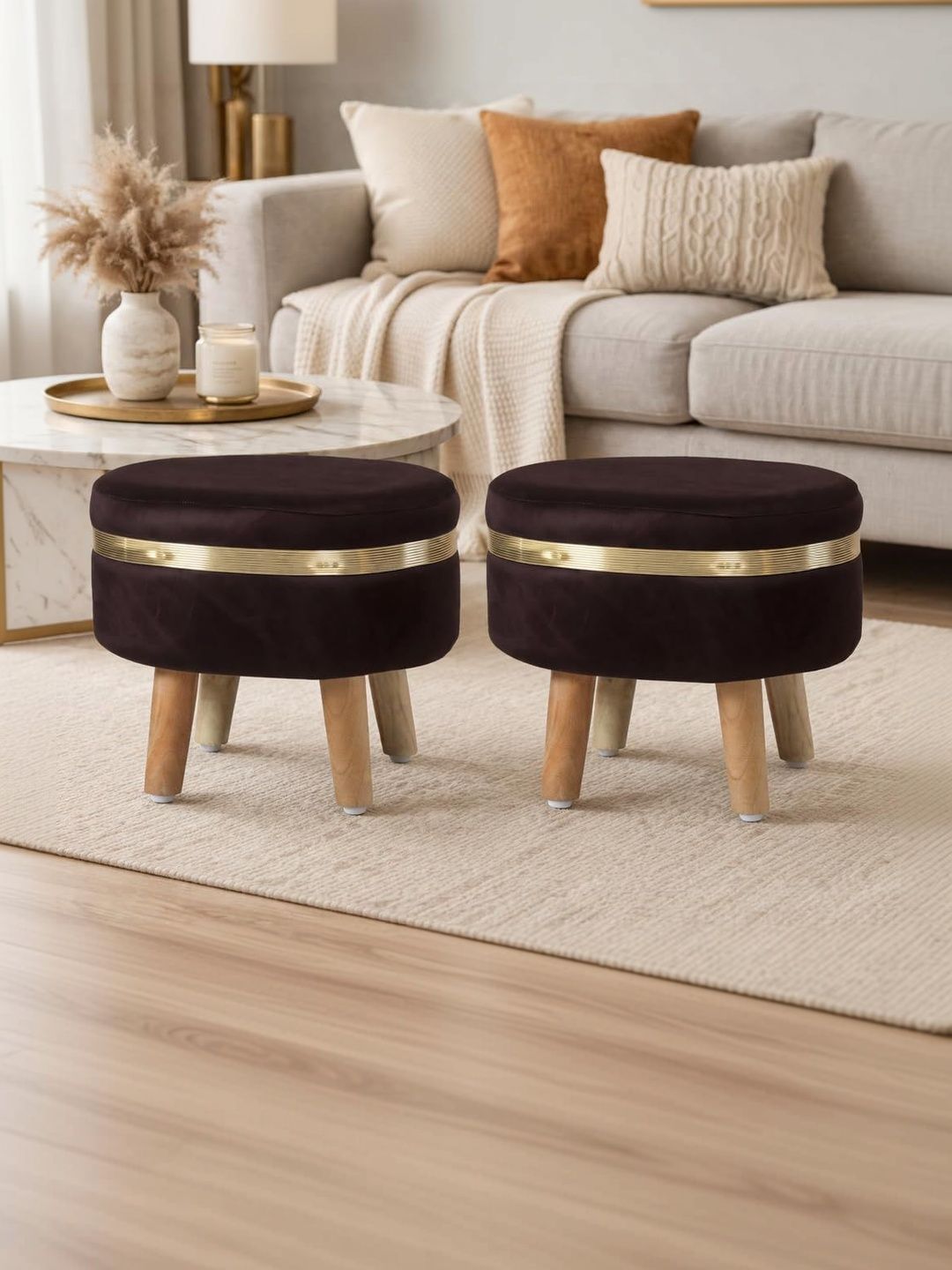 Shadowkart 2-Pcs Coffee Brown Oval Ottomans-picture-34