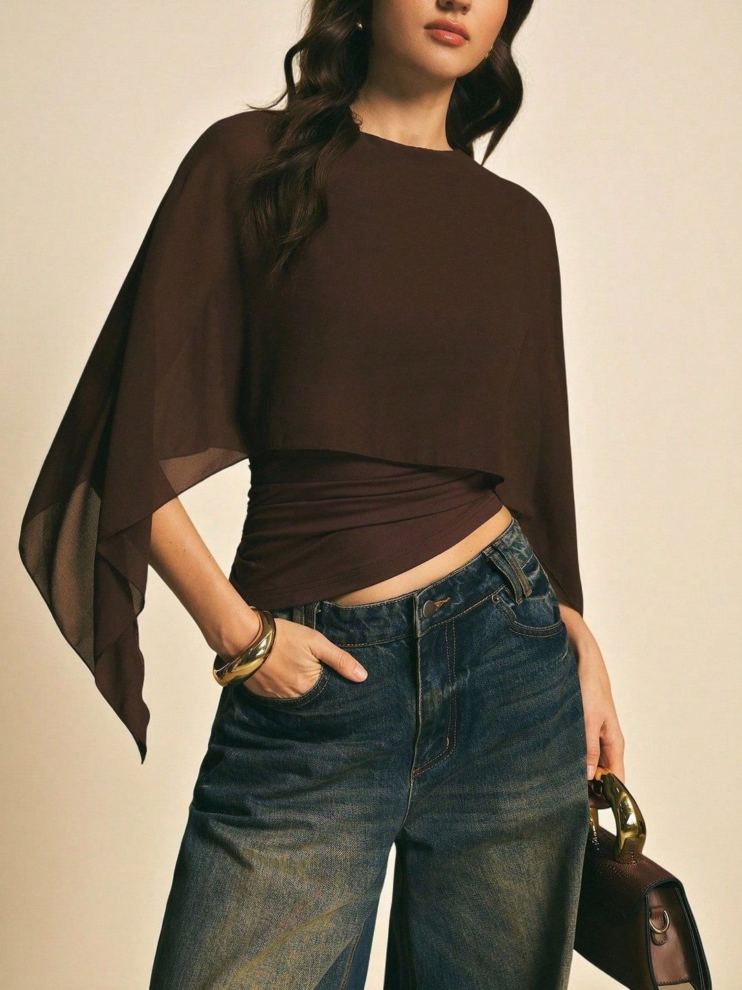 stylecast x revolte Brown Boat Neck Flutter Sleeve Crop Top-picture-20