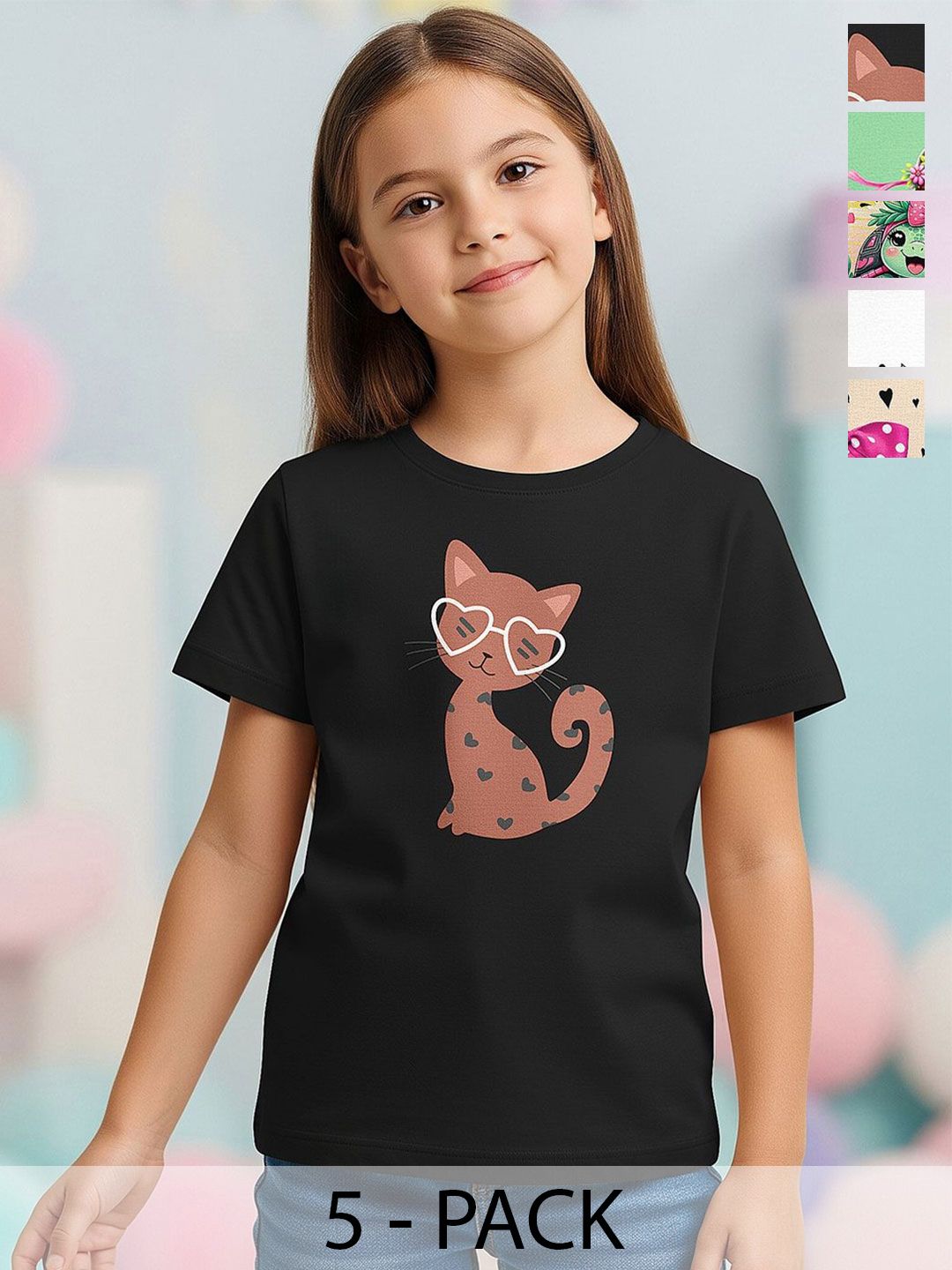 HELLCAT Girls Pack Of 5 Graphic Printed Round Neck Tshirts-image-20