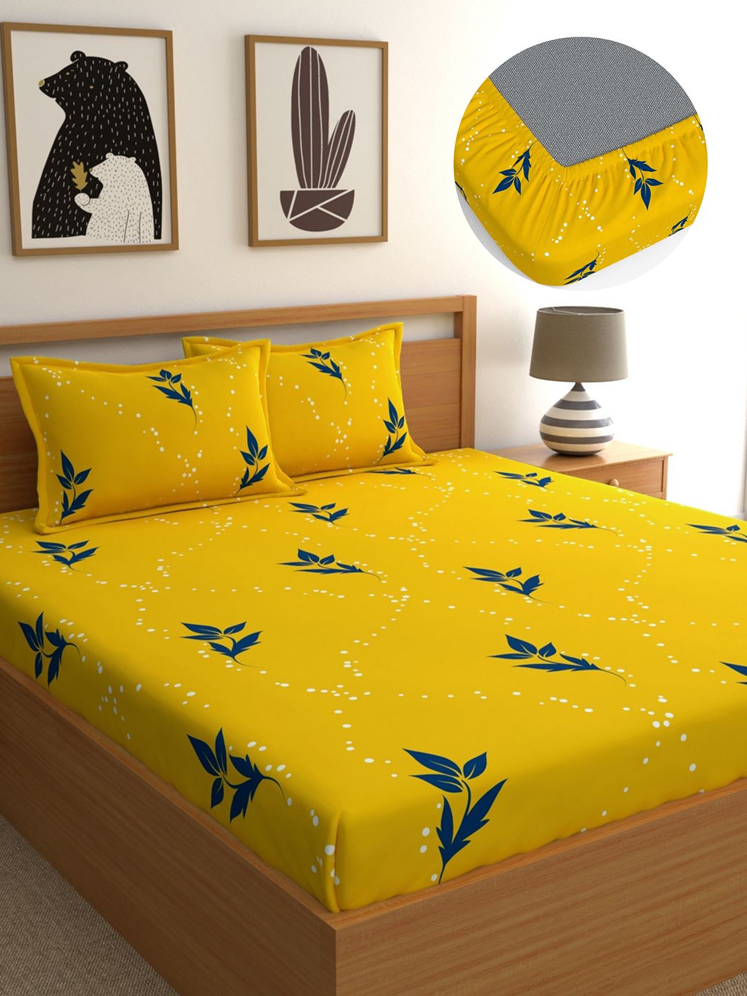 Home Ecstasy Yellow & Navy Blue Floral 140 TC Cotton 1 Queen Bedsheet with 2 Pillow Covers-image-21