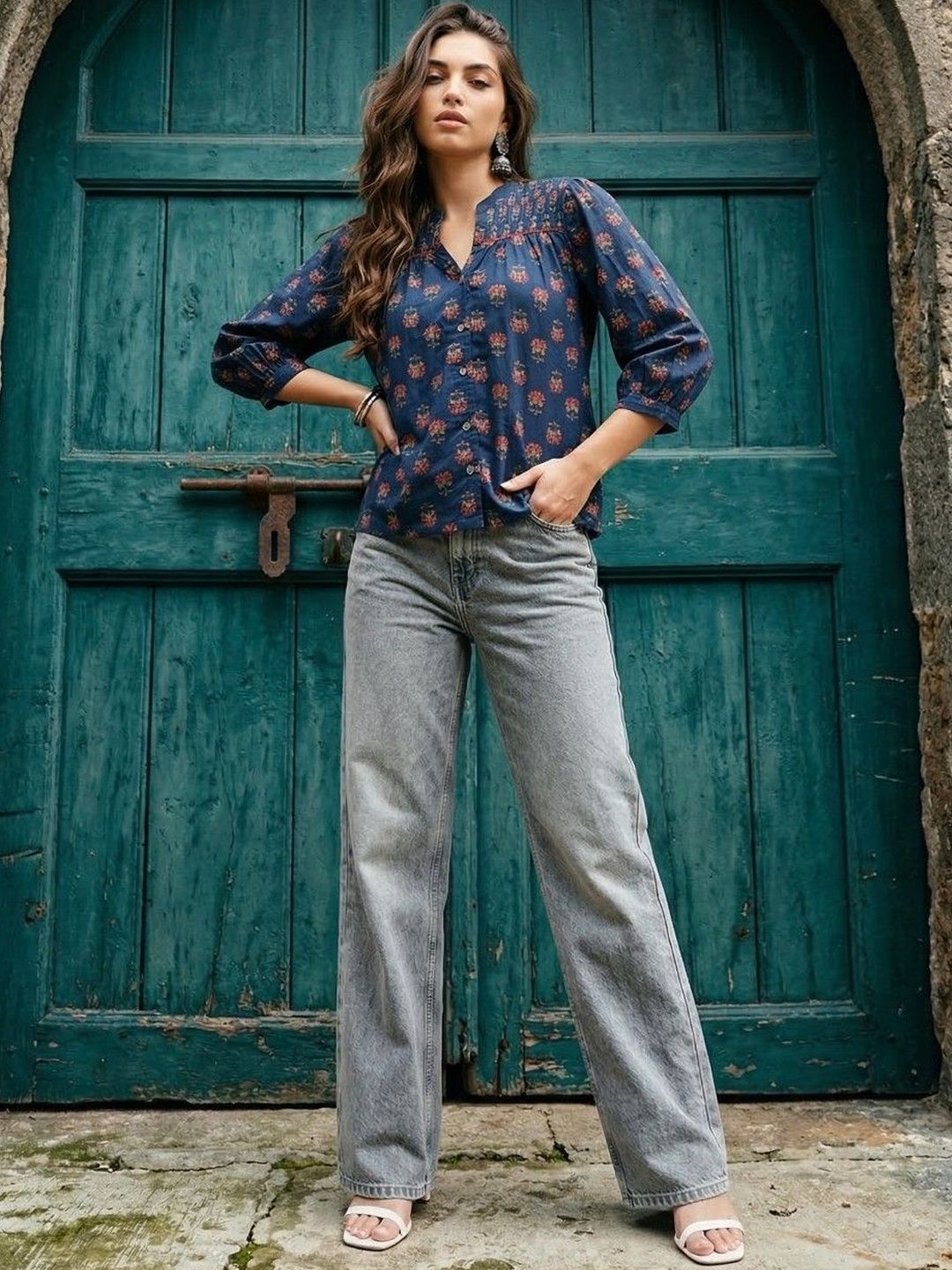 fusion by glitchez Women's Blue Floral Straight Cotton Stitched Tops-image-42