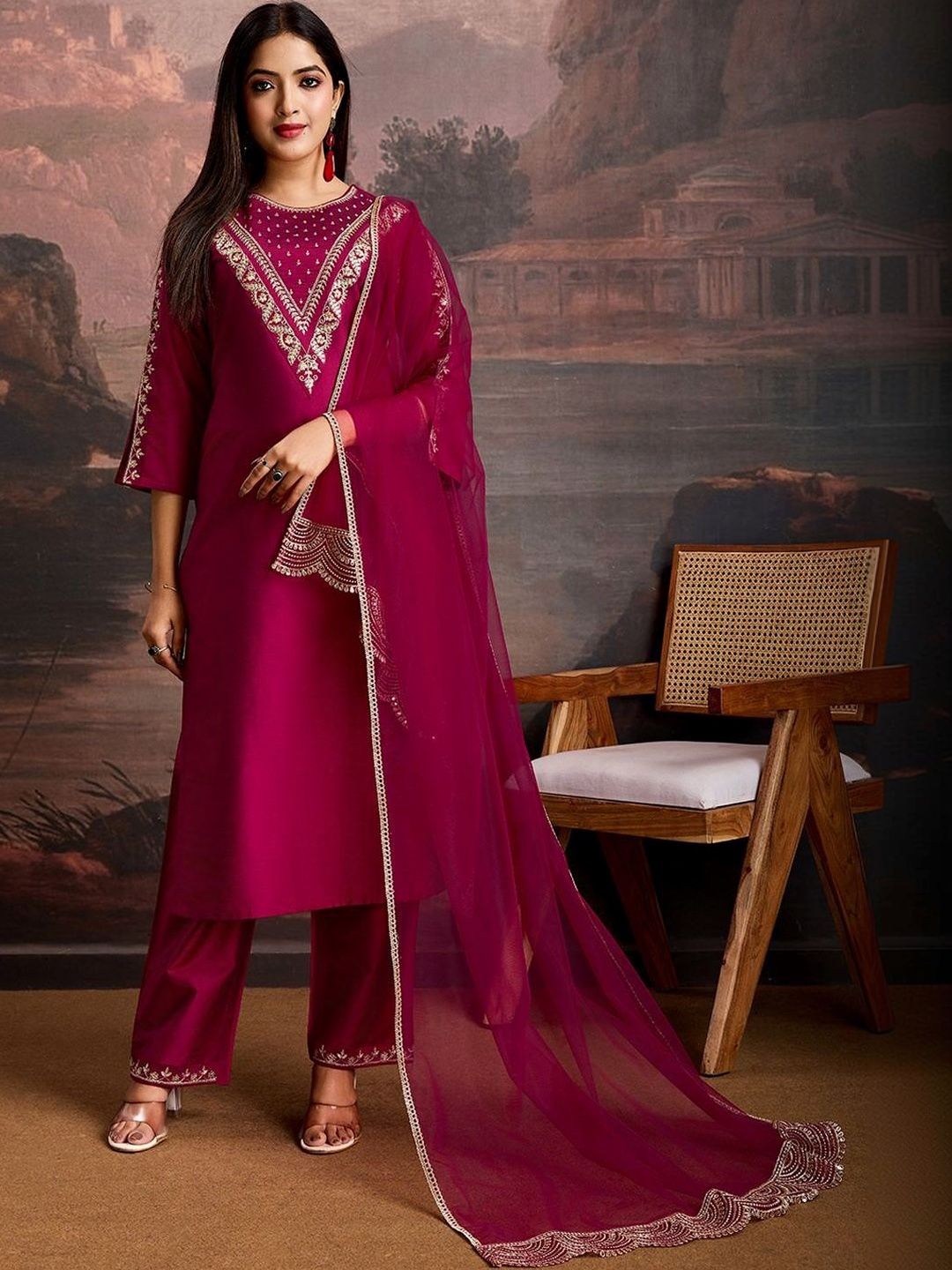 Moda Rapido Women Ethnic Motifs Embroidered Regular Sequinned Kurta with Trousers & With Dupatta-picture-25