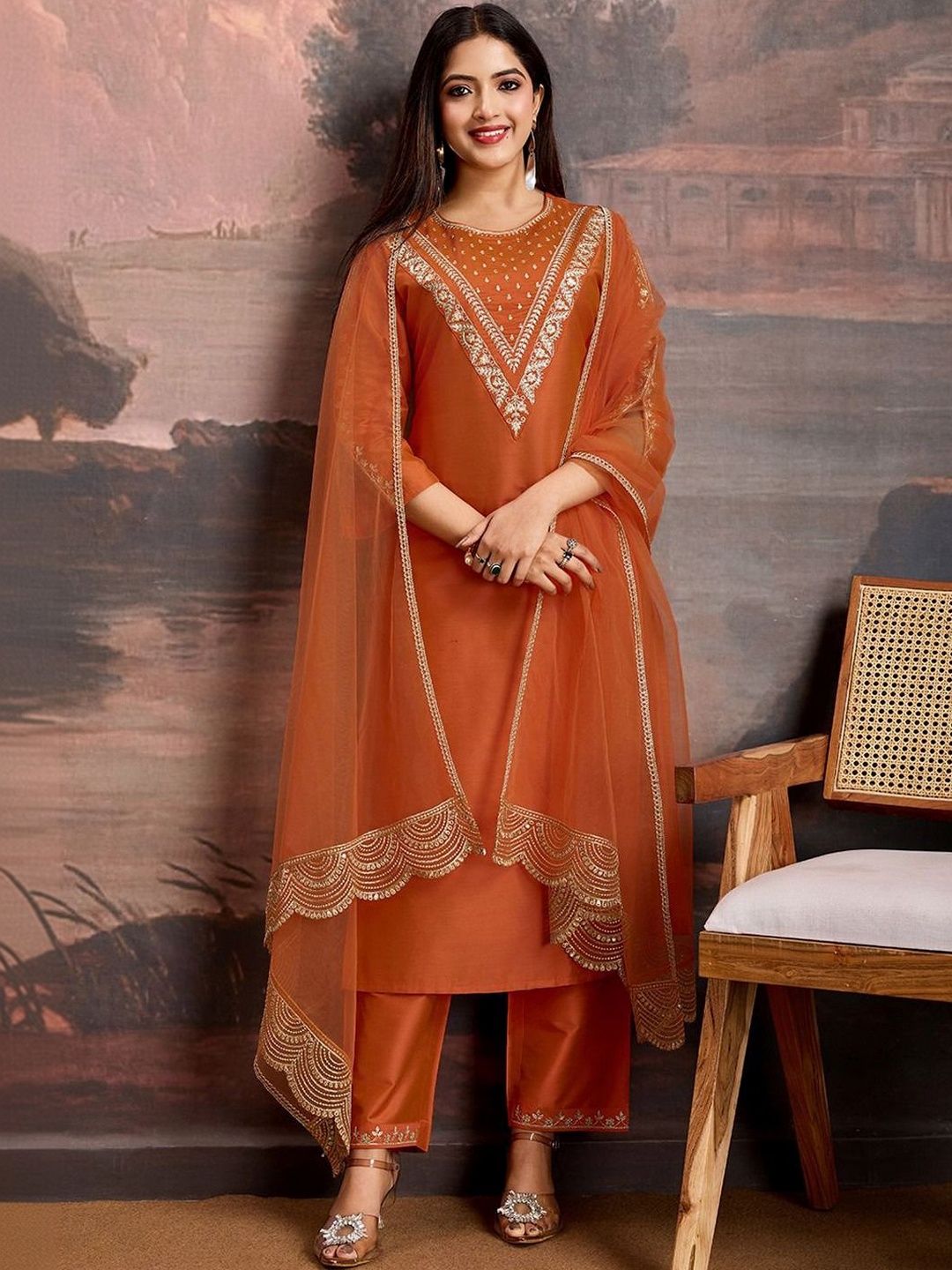Moda Rapido Women Ethnic Motifs Embroidered Regular Sequinned Kurta with Trousers & With Dupatta-picture-28