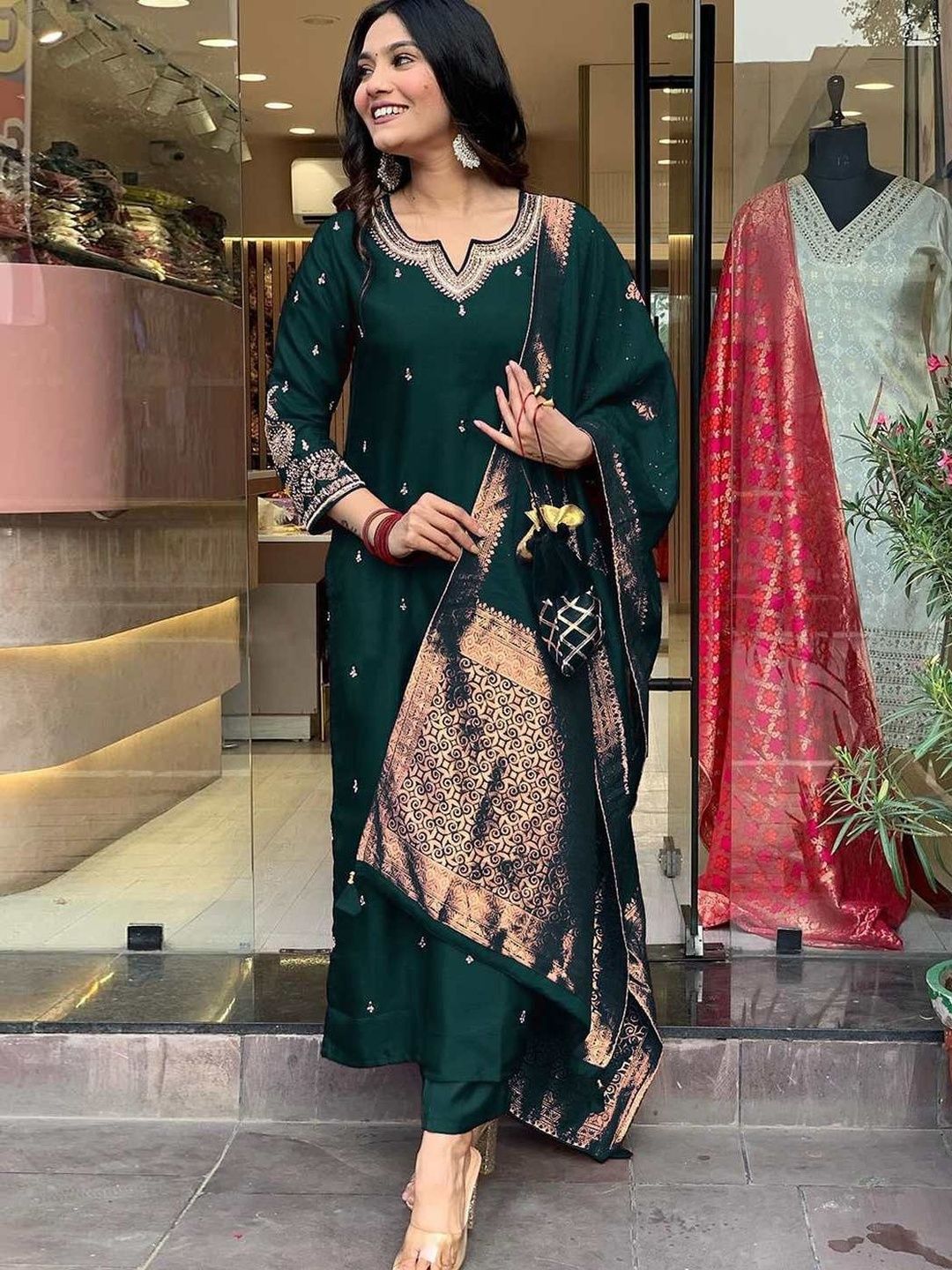 Moda Rapido Women Ethnic Motifs Embroidered Regular Sequinned Pure Cotton Kurta with Trousers & With Dupatta-picture-22