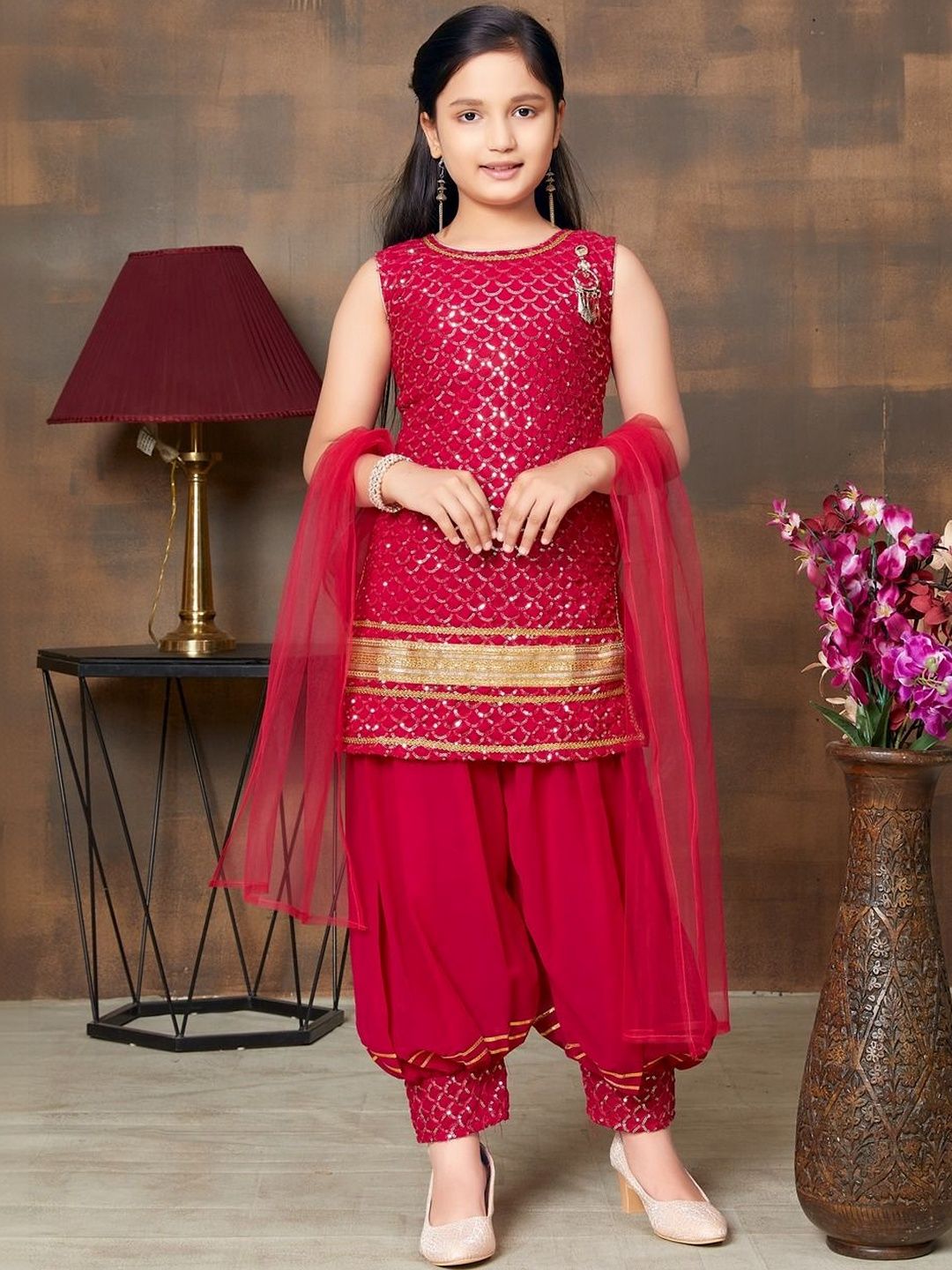 Sangria Girls Embroidered Round Neck Kurta & Salwar With Dupatta-picture-34
