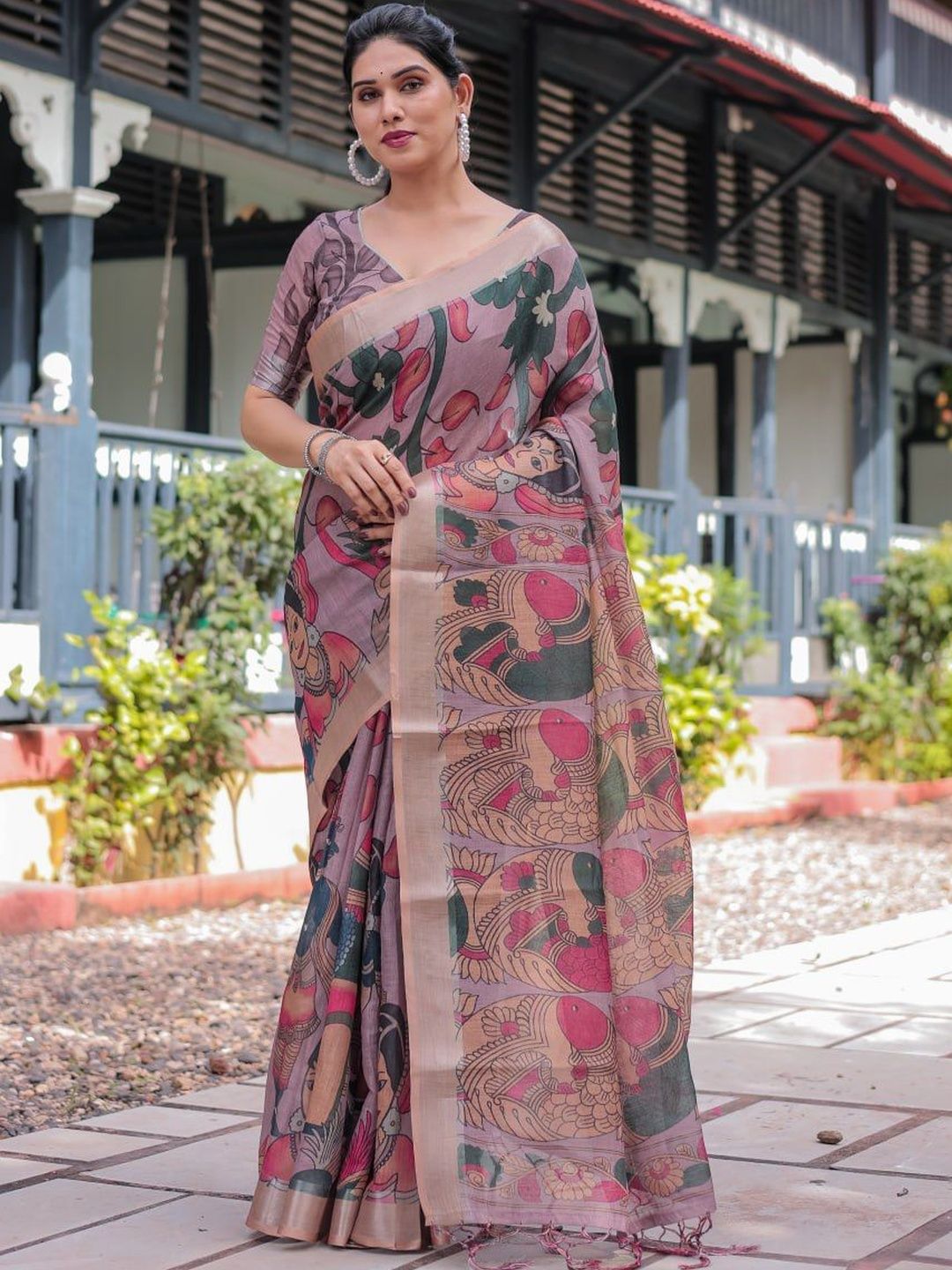 SZN Women's Ethnic Madhubani Printed Pallu Printed Lilen Cotton Blouse Sarees-picture-11