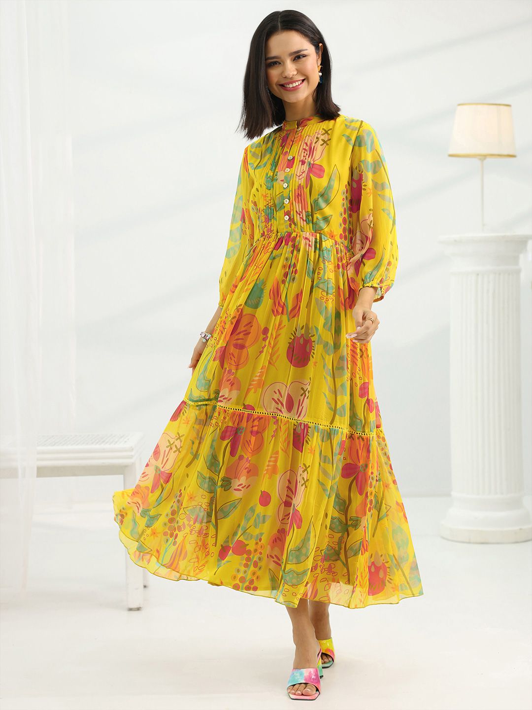 Libas Floral Print Puff Sleeve Chiffon Fit & Flare Midi Dress-picture-53
