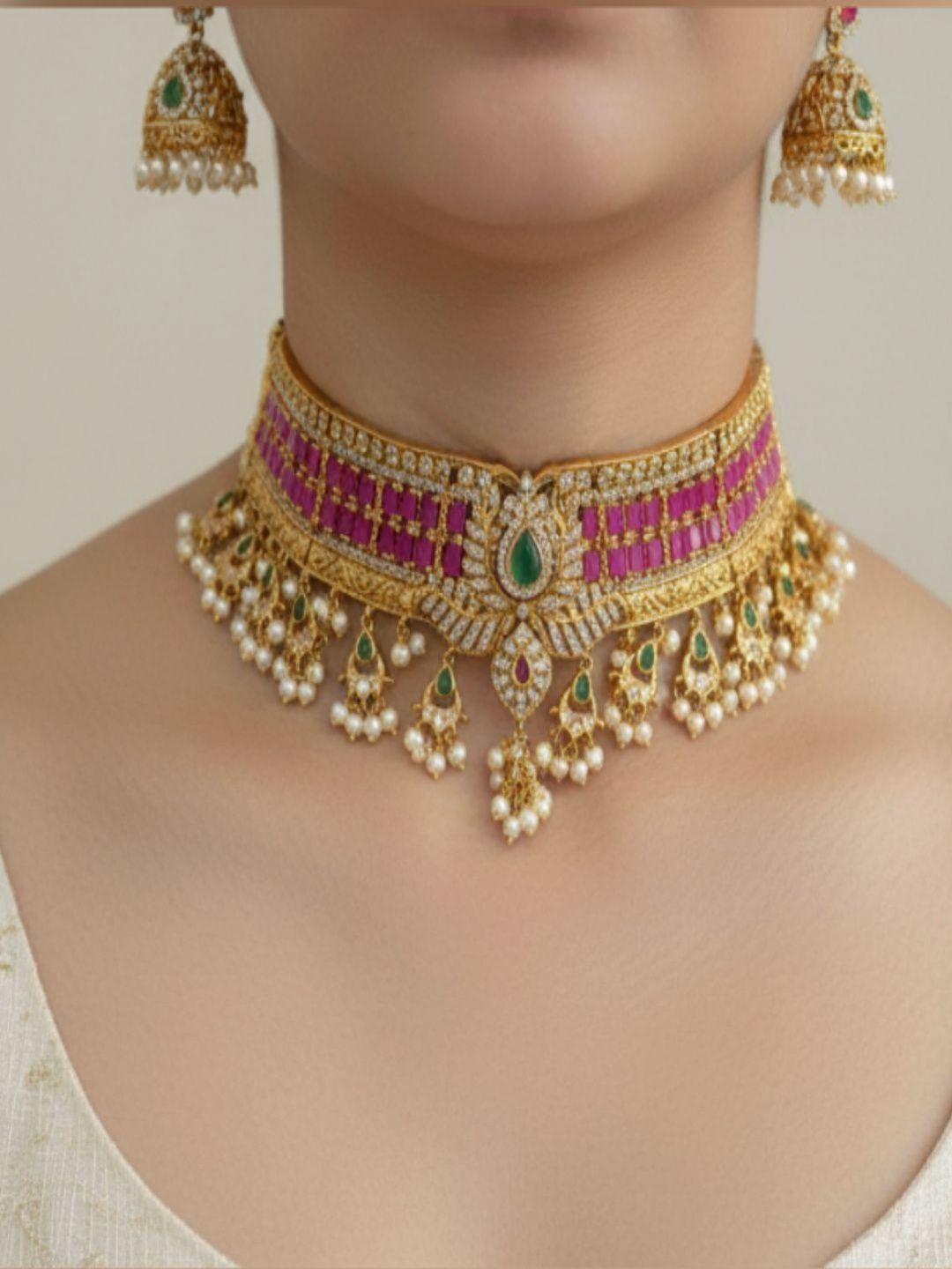 NAKHRAA Women Gulnaar Choker Necklace Set With Pearl Hangings-picture-41