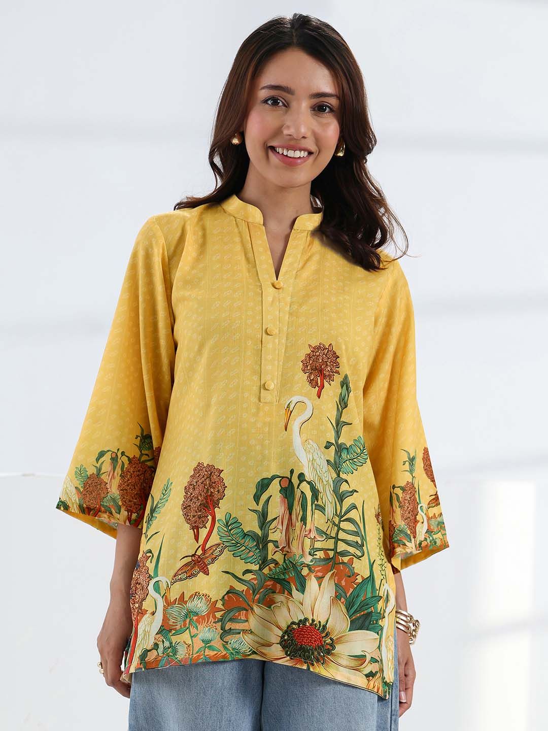 Libas Women Yellow Tropical Printed Straight Short Kurti-picture-34