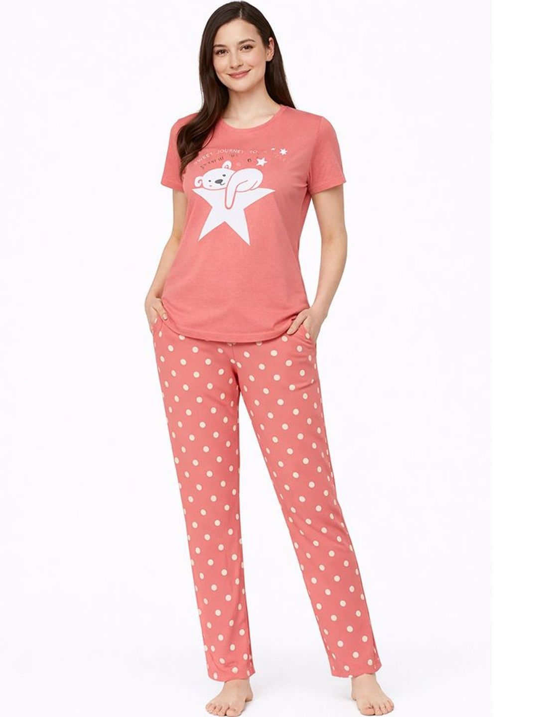 Comfort Lady Women Printed Round Neck Short Sleeves Night suit-picture-1