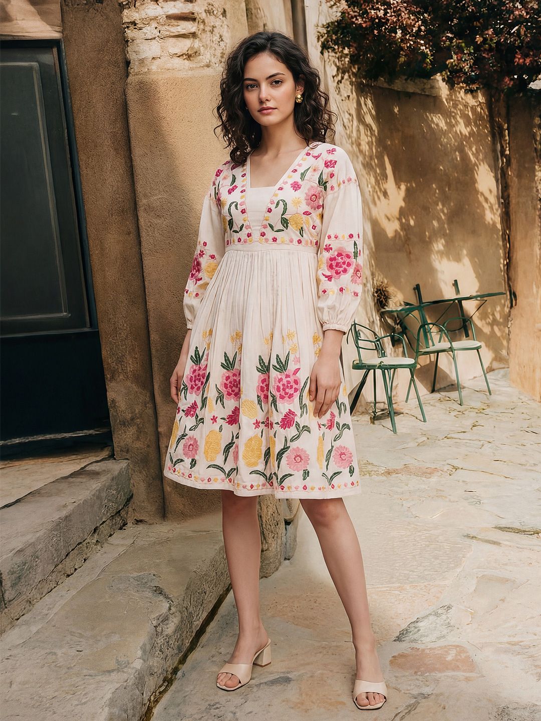 PURVAJA Women Floral Embroidered Square Neck Puff Sleeve Cotton Fit & Flare Dress-image-27