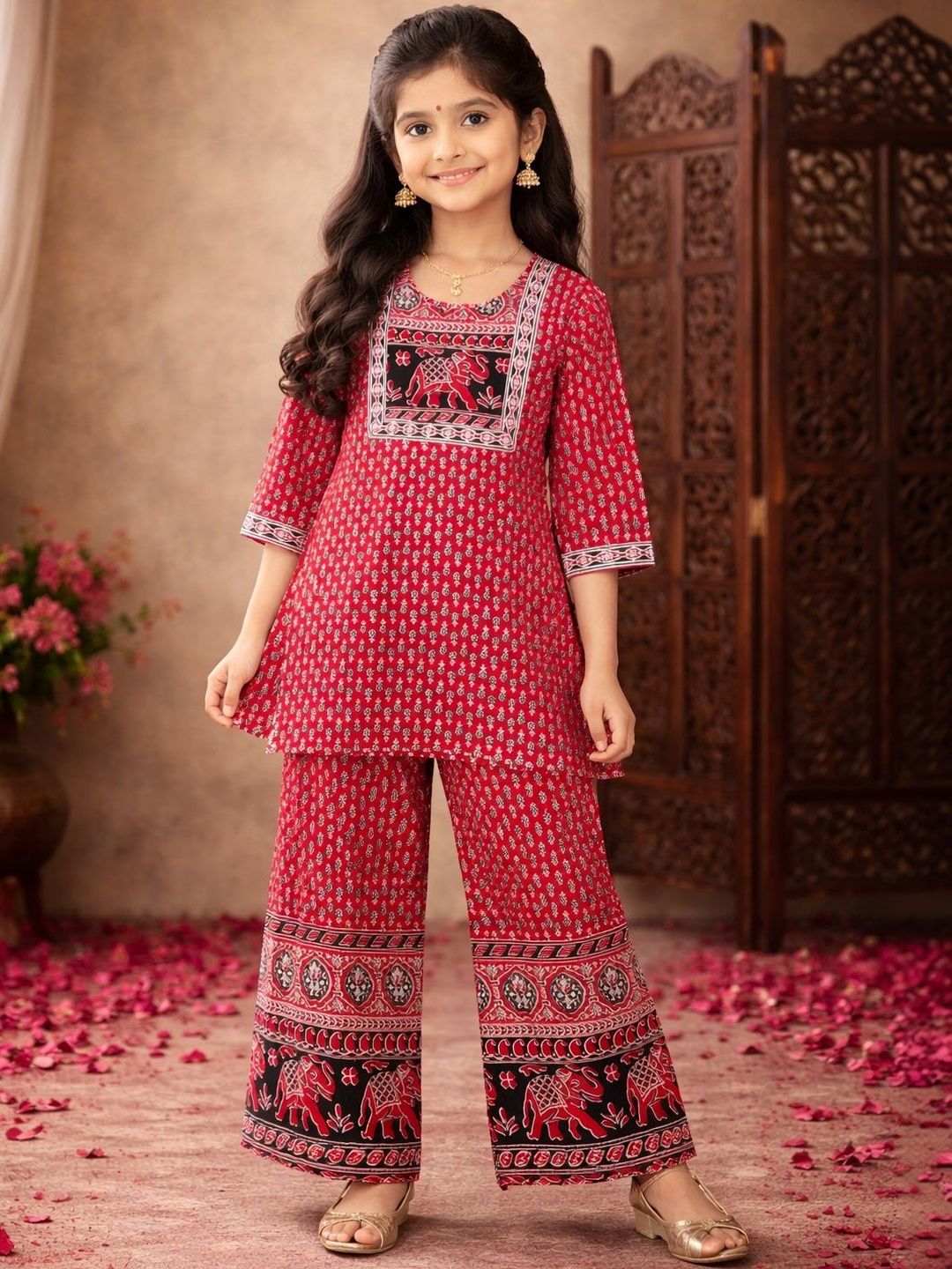 Sangria Girls Printed Pure Cotton Round Neck Kurta & Palazzos With Dupatta-picture-11