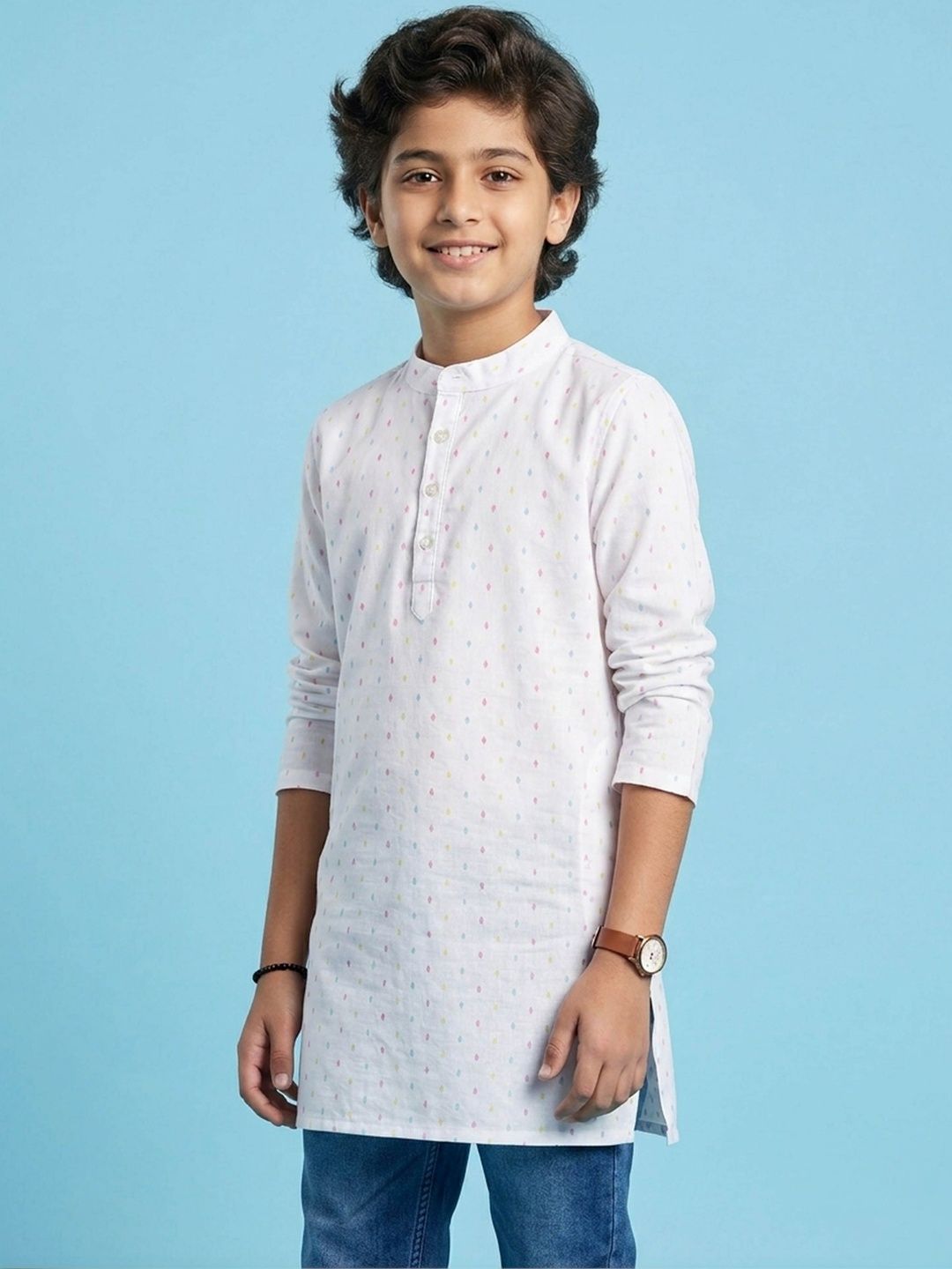KiddoPanti Boys Printed Mandarin Collar Regular Sleeves Asymmetric Kurta-image-42