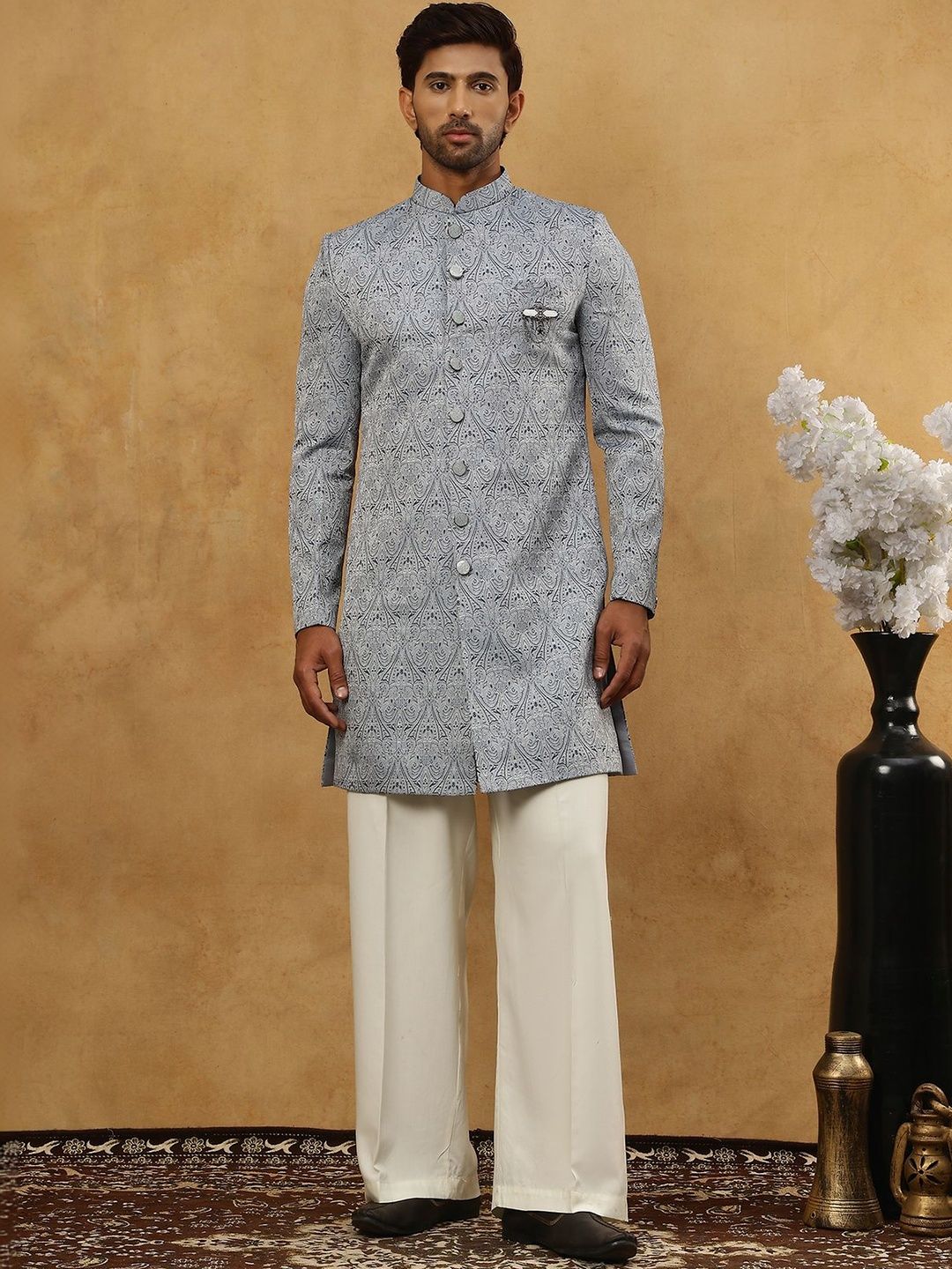 Jompers Self Design Mandarin Collar Sherwani-picture-37